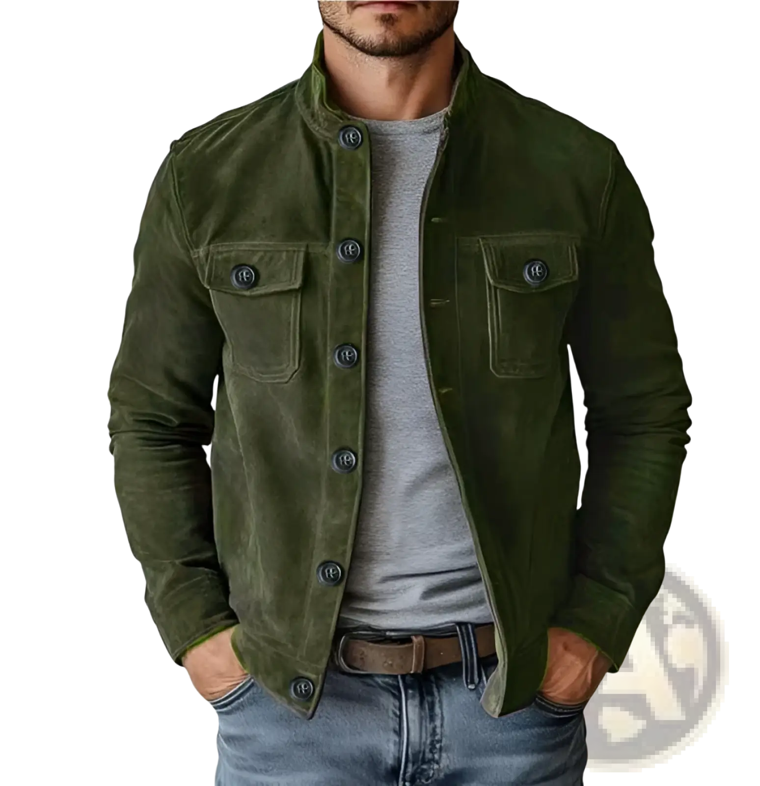 Men’s casual olive green faux suede slim fit motorcycle jacket with dark buttons and two front flap pockets