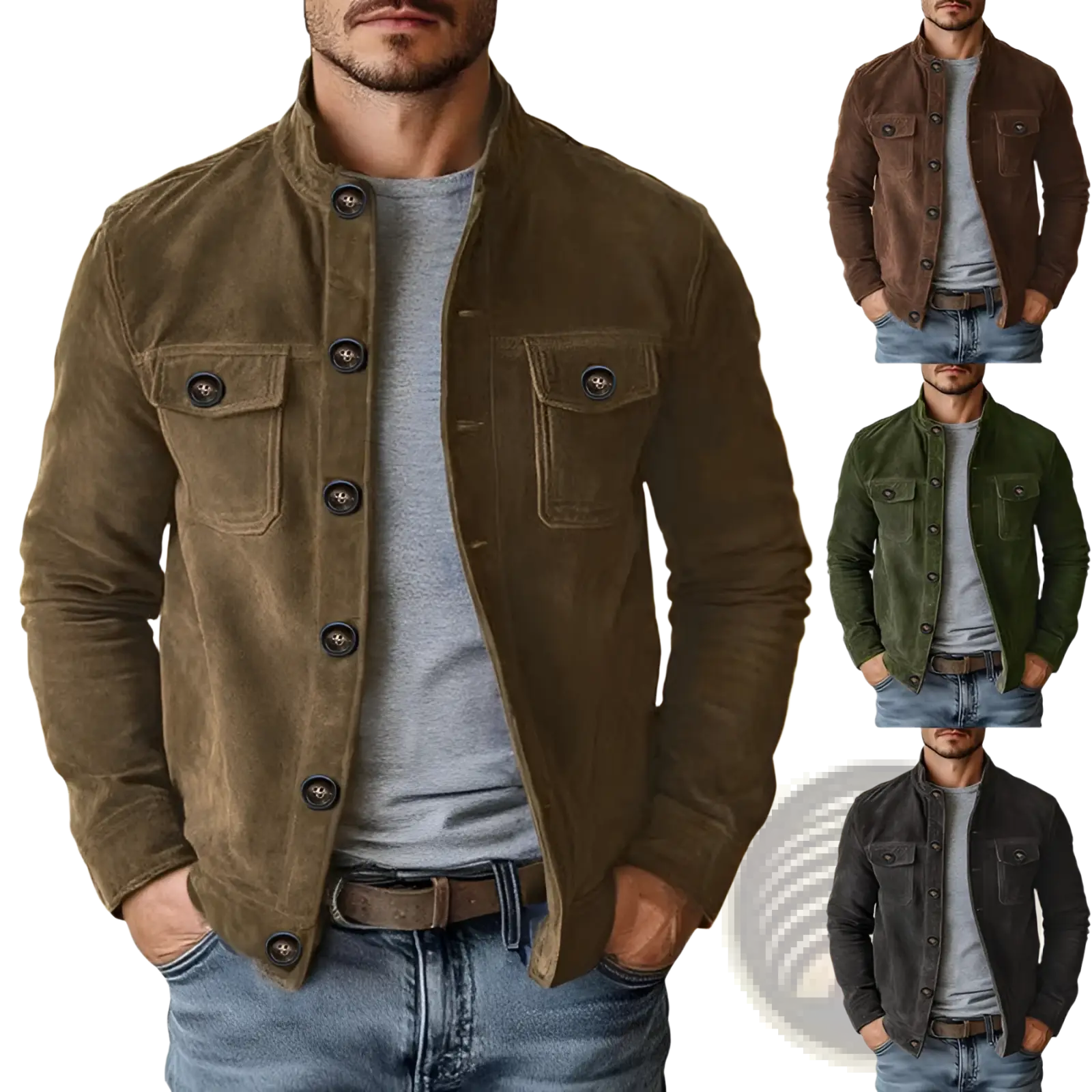 Men’s casual faux suede slim fit motorcycle jacket in olive green with dark buttons and chest pocket