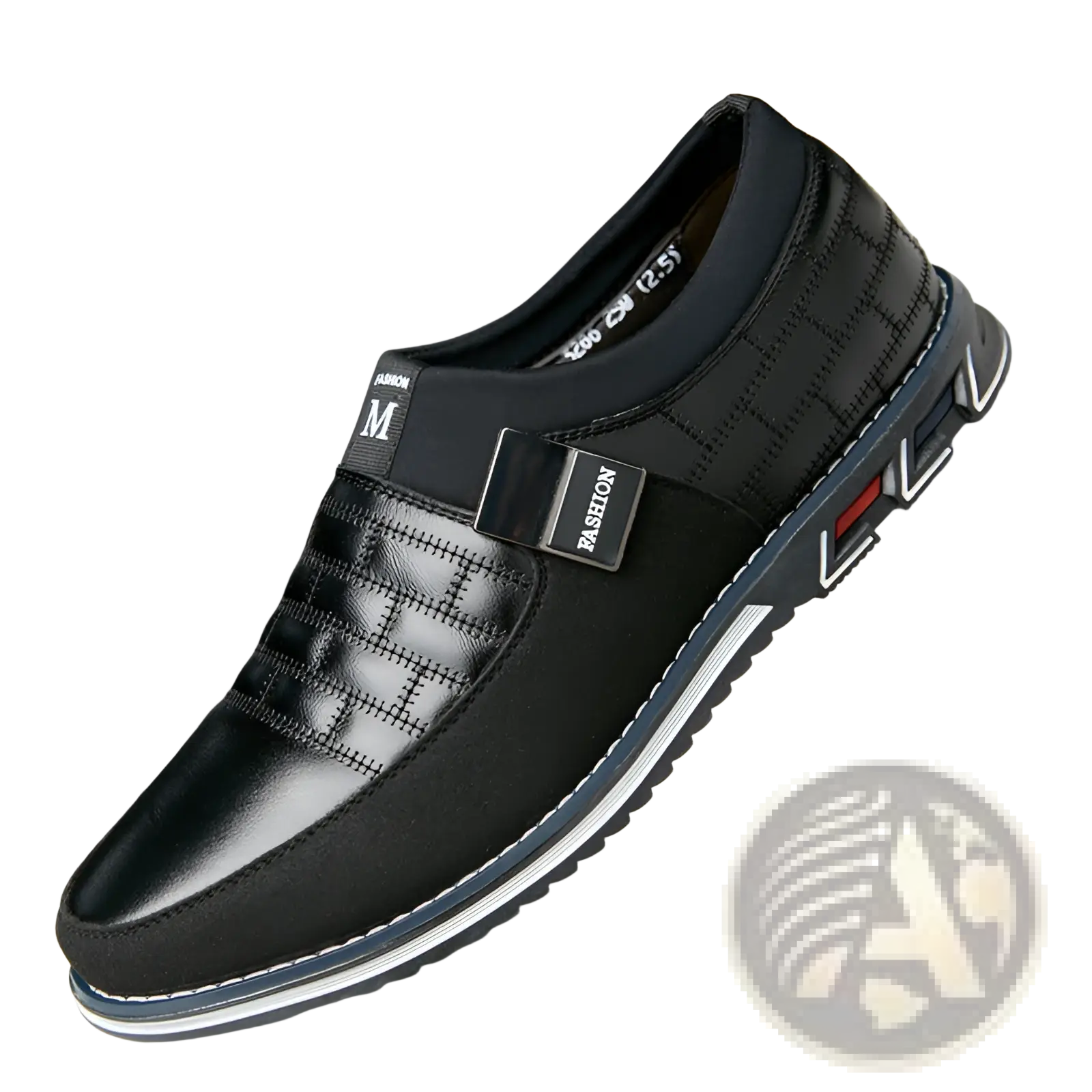 Men’s casual black leather slip-on shoe with quilted upper and contrasting white stitching on the sole