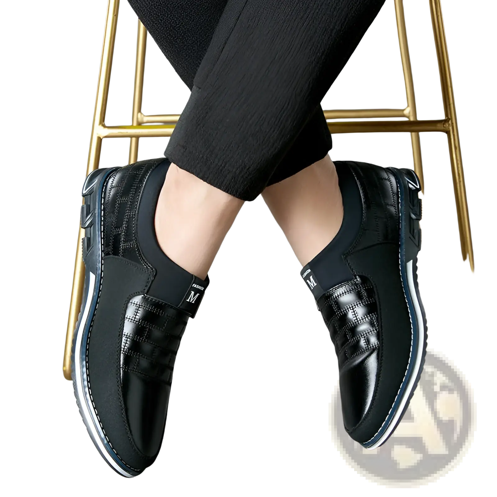 Men’s casual black leather and mesh slip-on shoes with white rubber sole available in large sizes