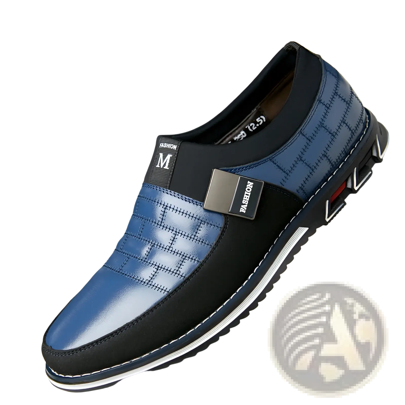 Men’s casual blue and black leather slip-on shoe with quilted upper and metallic buckle detail large sizes