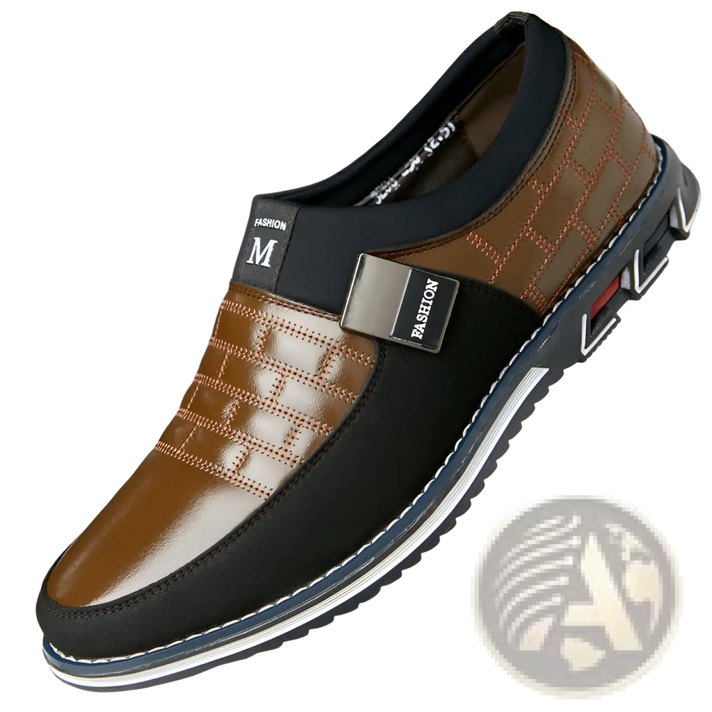 Men’s casual brown and black leather slip-on shoe with quilted pattern stitched detailing and metallic fashion plaque