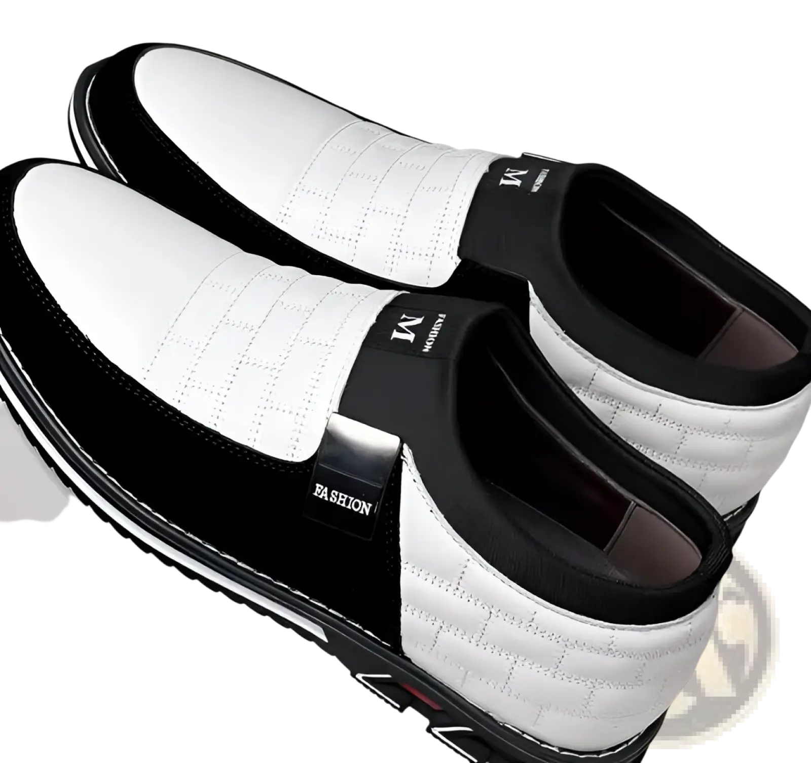 Men’s casual black and white leather quilted slip-on shoes with sleek modern design in large sizes
