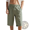 Olive green men’s casual linen shorts with elastic drawstring waistband ideal for comfortable summer wear