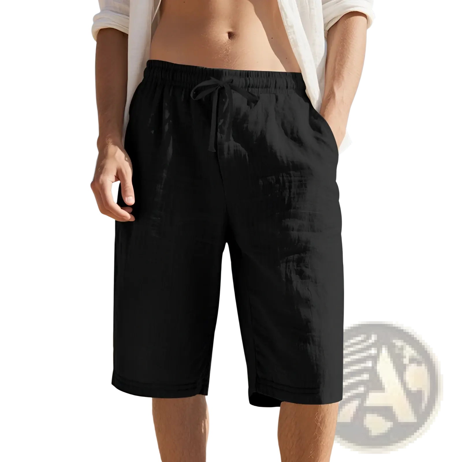Men’s casual black linen shorts with elastic drawstring waistband for comfortable everyday wear