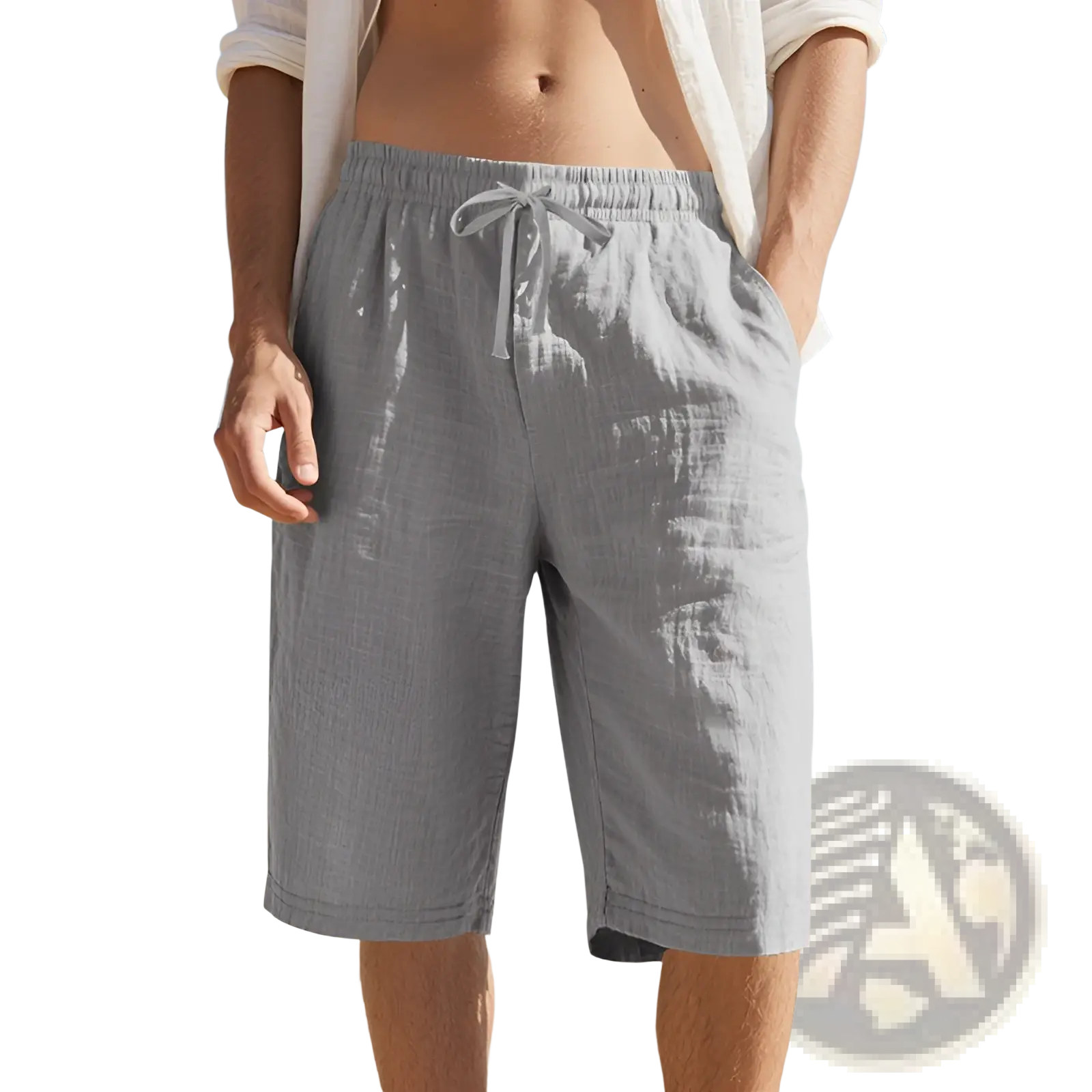 Men’s casual light gray linen shorts with a drawstring elastic waistband for comfortable everyday wear