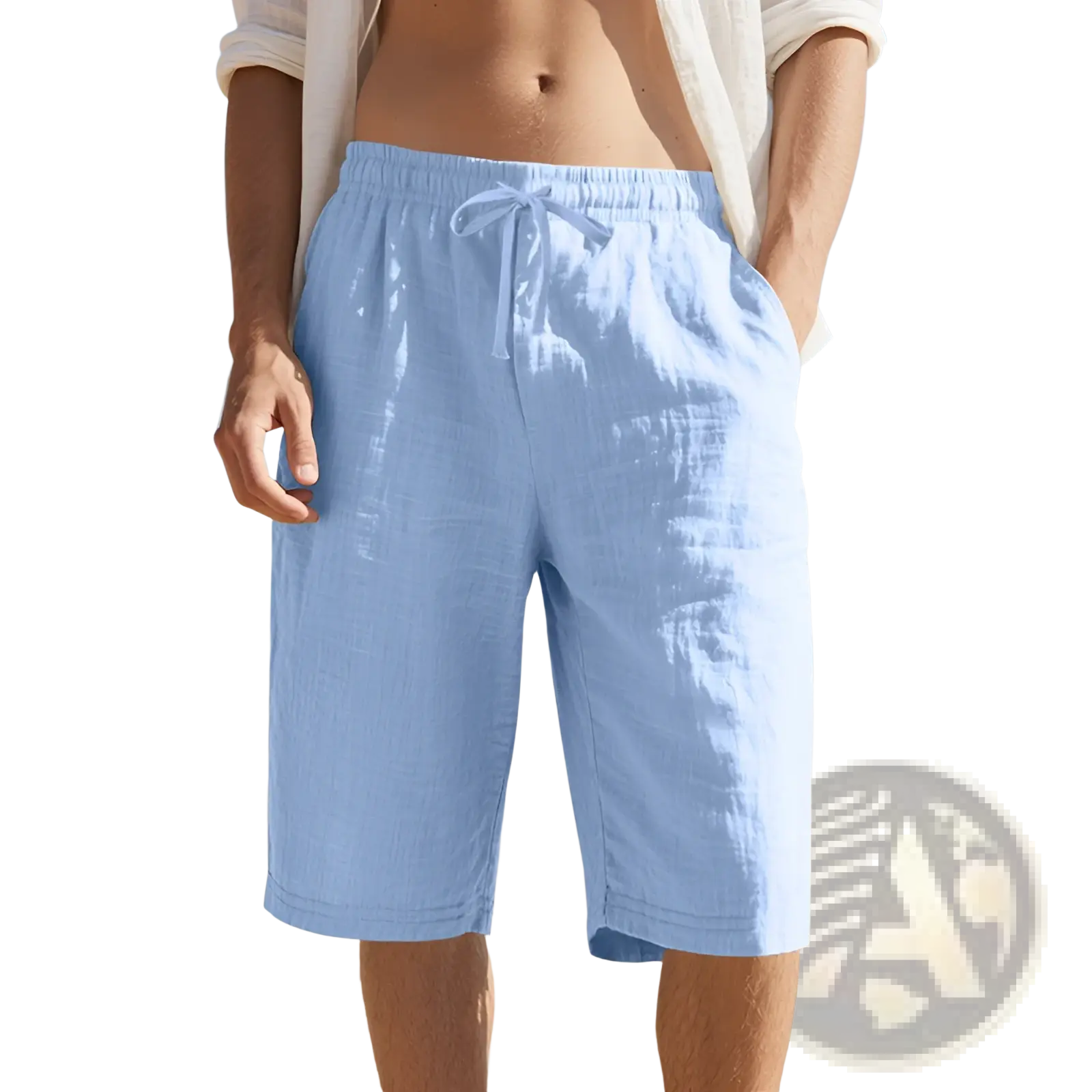 Men’s casual light blue linen shorts with elastic drawstring waistband for comfortable everyday wear