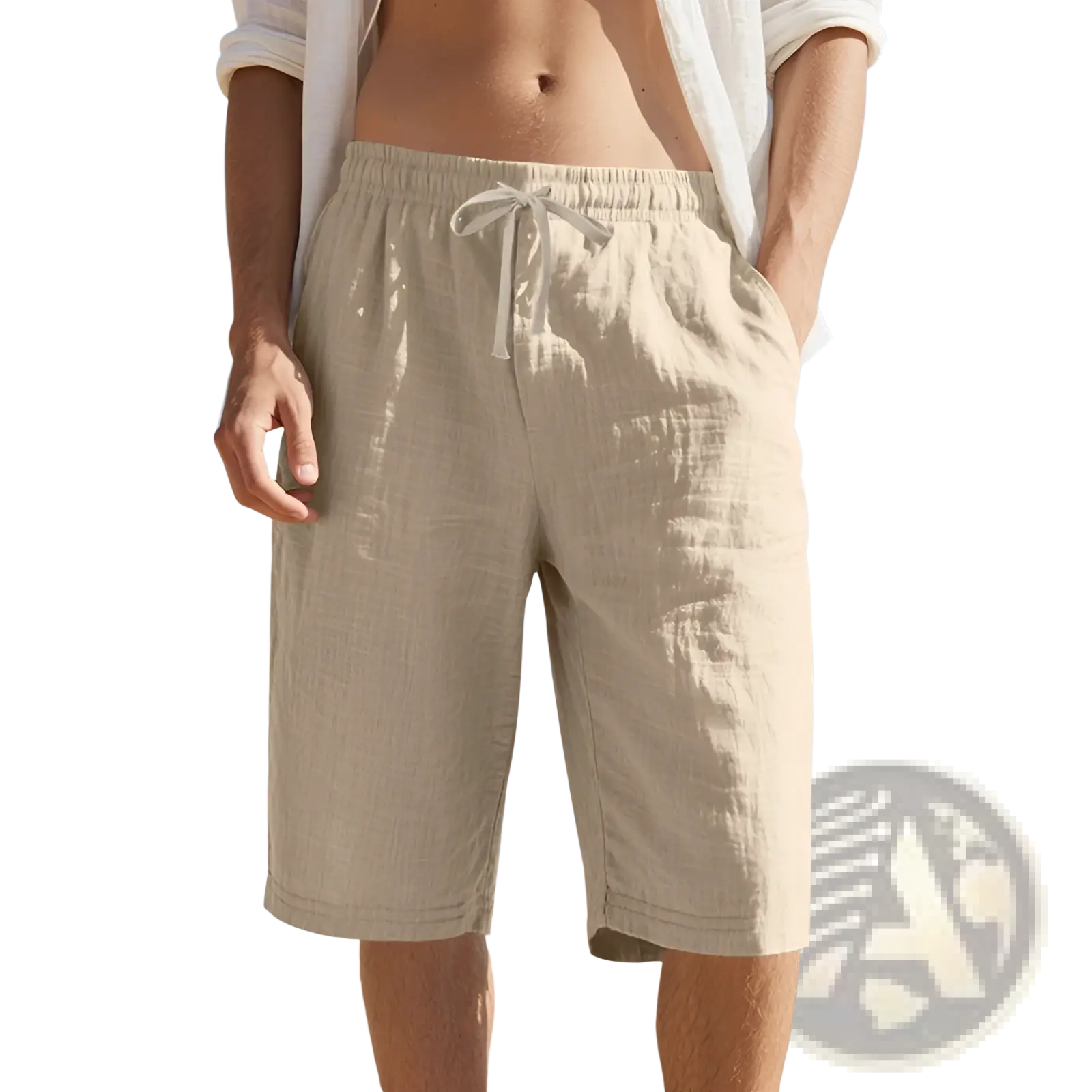 Men’s casual beige linen shorts with a drawstring elastic waistband for comfortable everyday wear