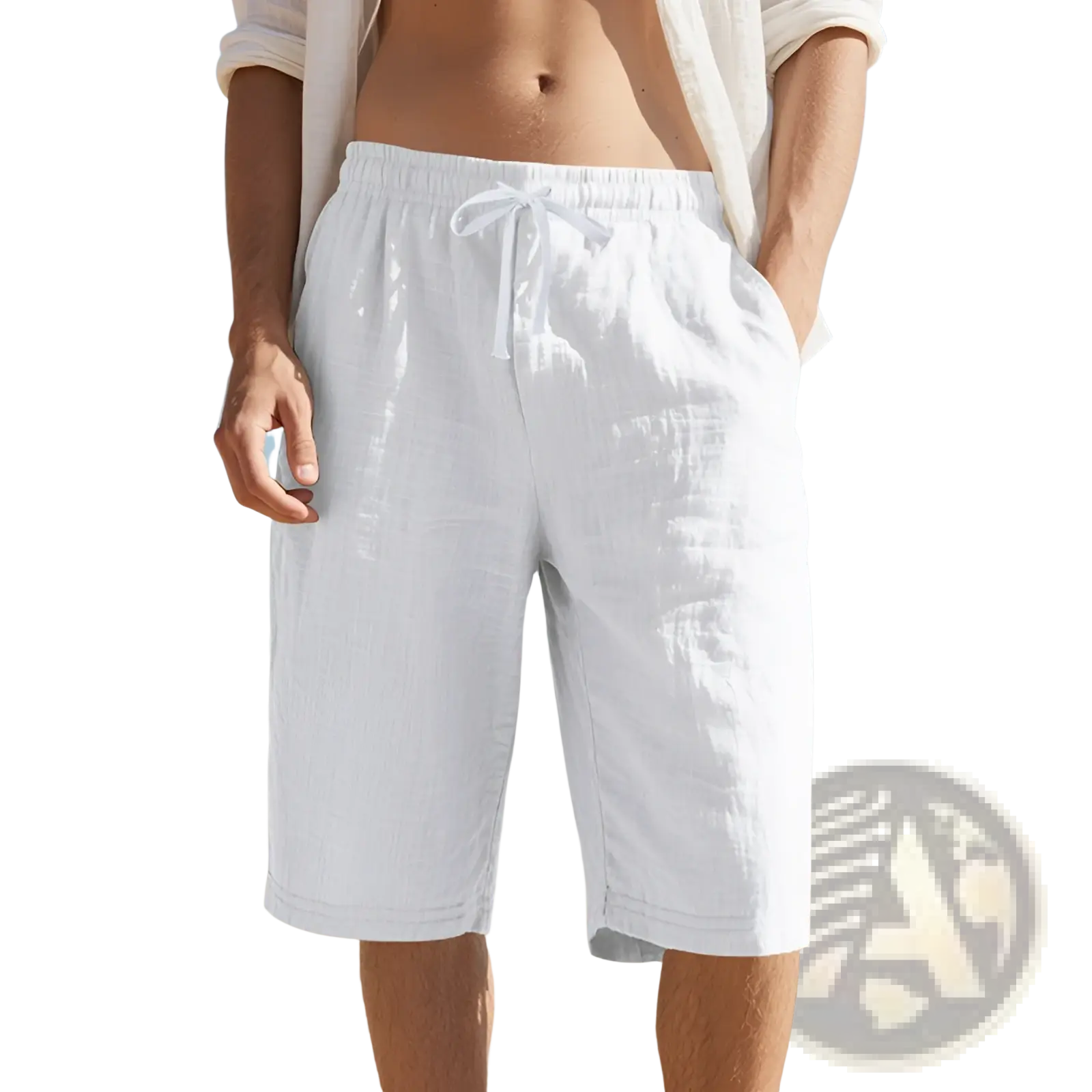 White linen shorts with a drawstring waistband featuring an elastic waist for men casual wear