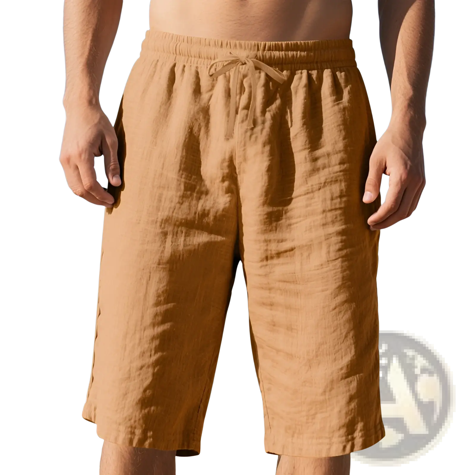 Men’s casual tan linen shorts with elastic waistband and drawstring for comfortable everyday wear
