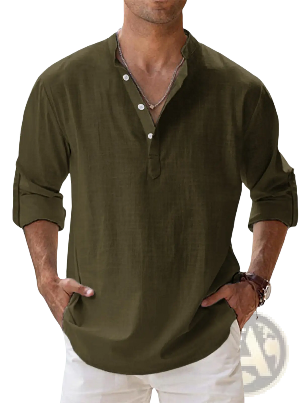 Men’s casual linen long sleeve shirt in olive green with rolled cuffs and a relaxed fit
