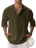 Men’s casual linen long sleeve shirt in olive green with rolled cuffs and a relaxed fit