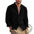 Mens casual linen long sleeve shirt in black with a relaxed fit and subtle texture visible from the front