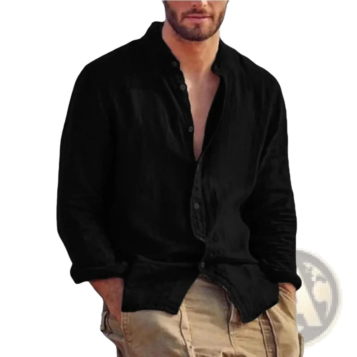 Mens casual linen long sleeve shirt in black with a relaxed fit and subtle texture visible from the front
