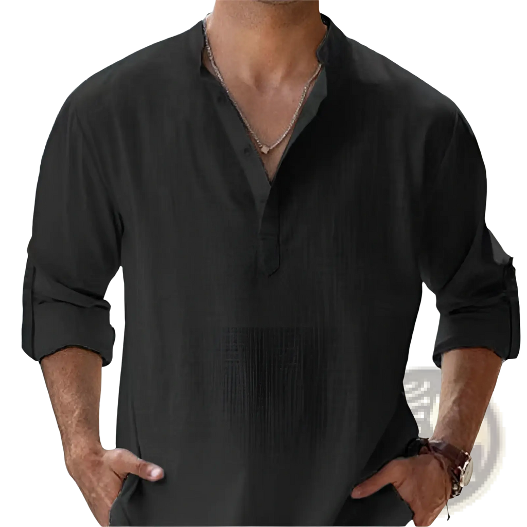 Men’s casual linen long sleeve shirt in black with relaxed fit and rolled up cuffs for comfortable wear