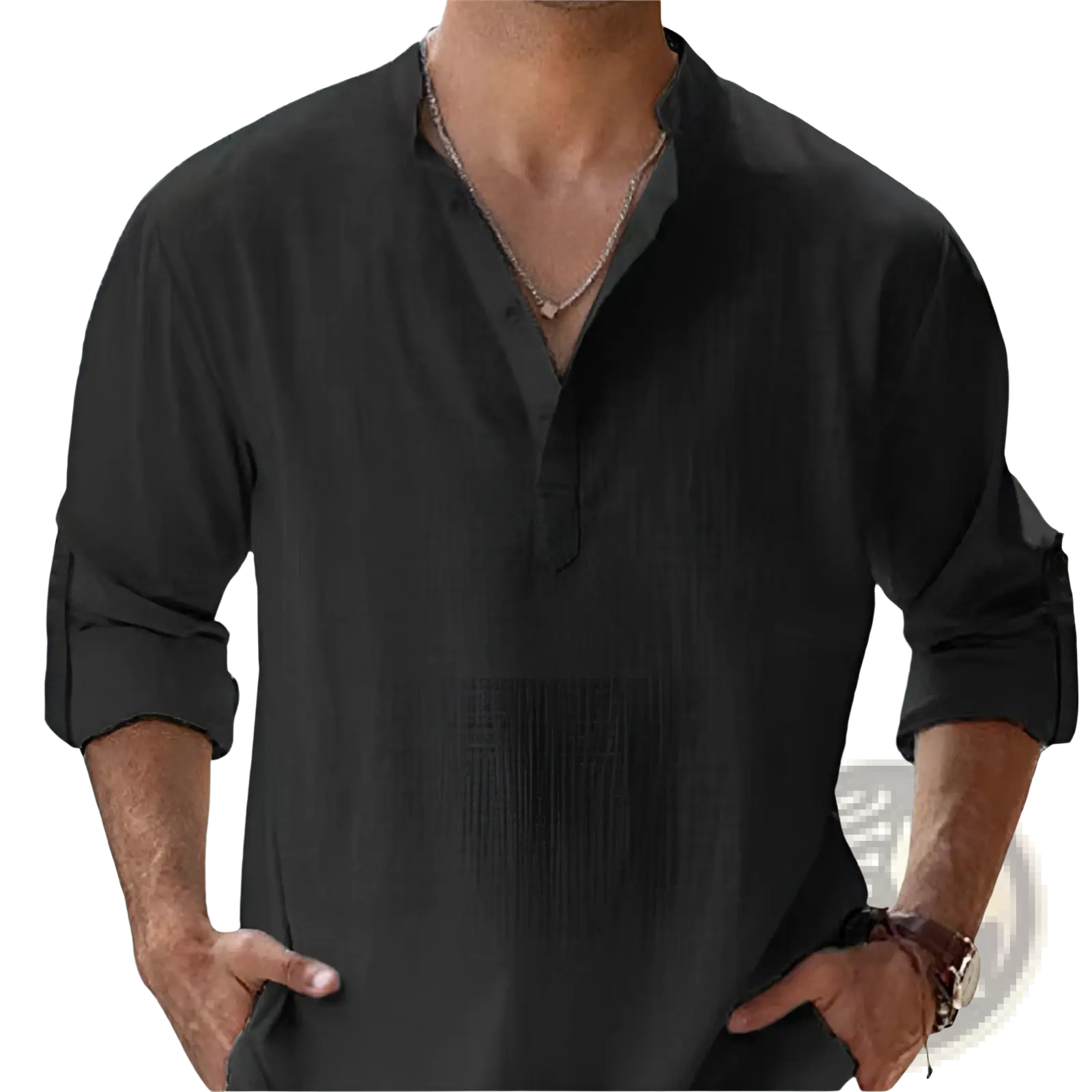 Men’s casual linen long sleeve shirt in black with relaxed fit and rolled up cuffs for comfortable wear