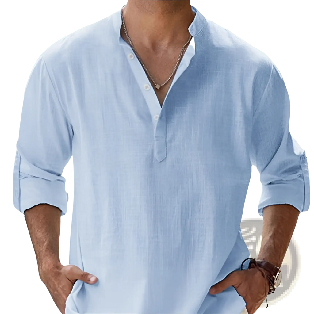 Light blue men’s casual linen long sleeve shirt with buttoned placket and rolled cuffs