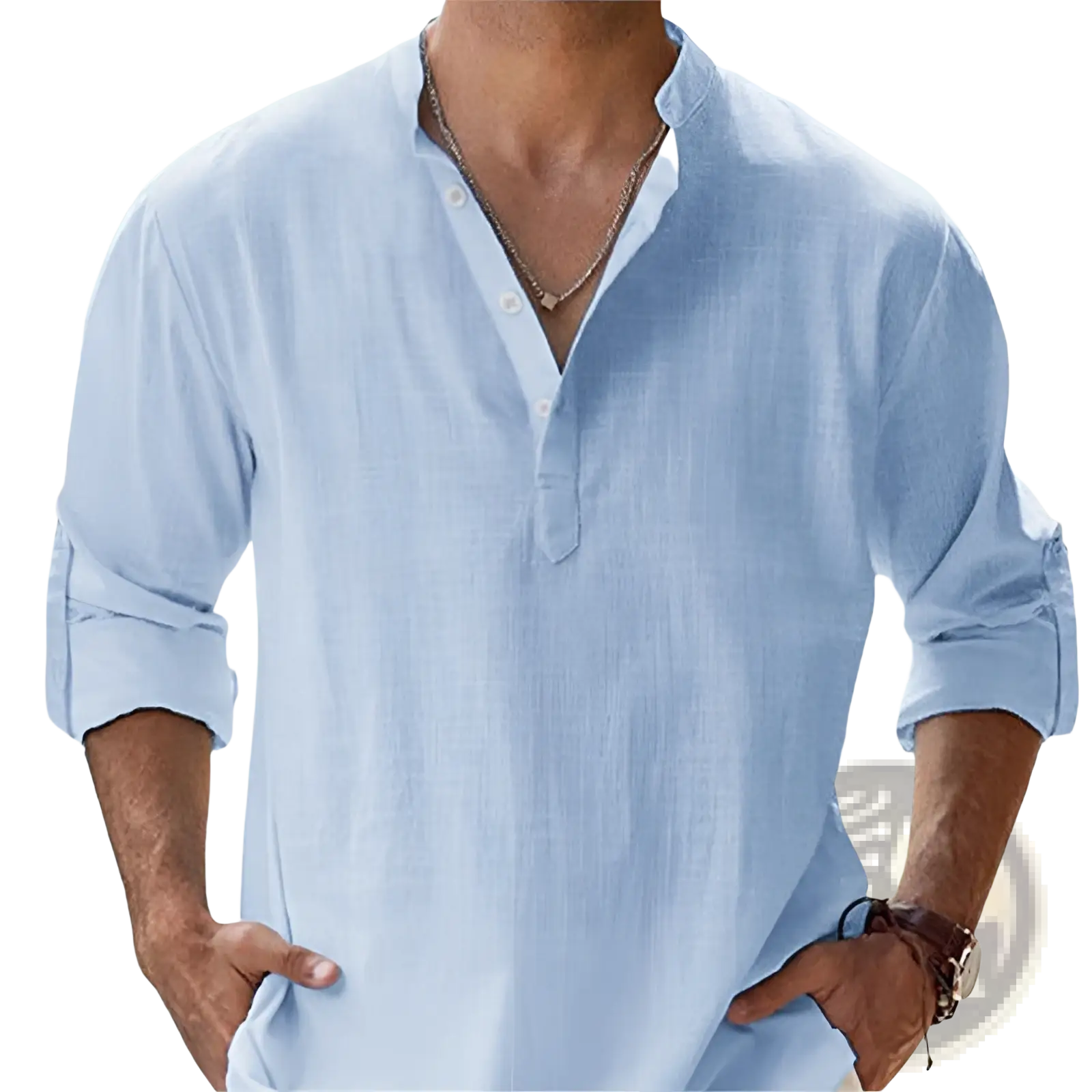 Light blue men’s casual linen long sleeve shirt with buttoned placket and rolled cuffs
