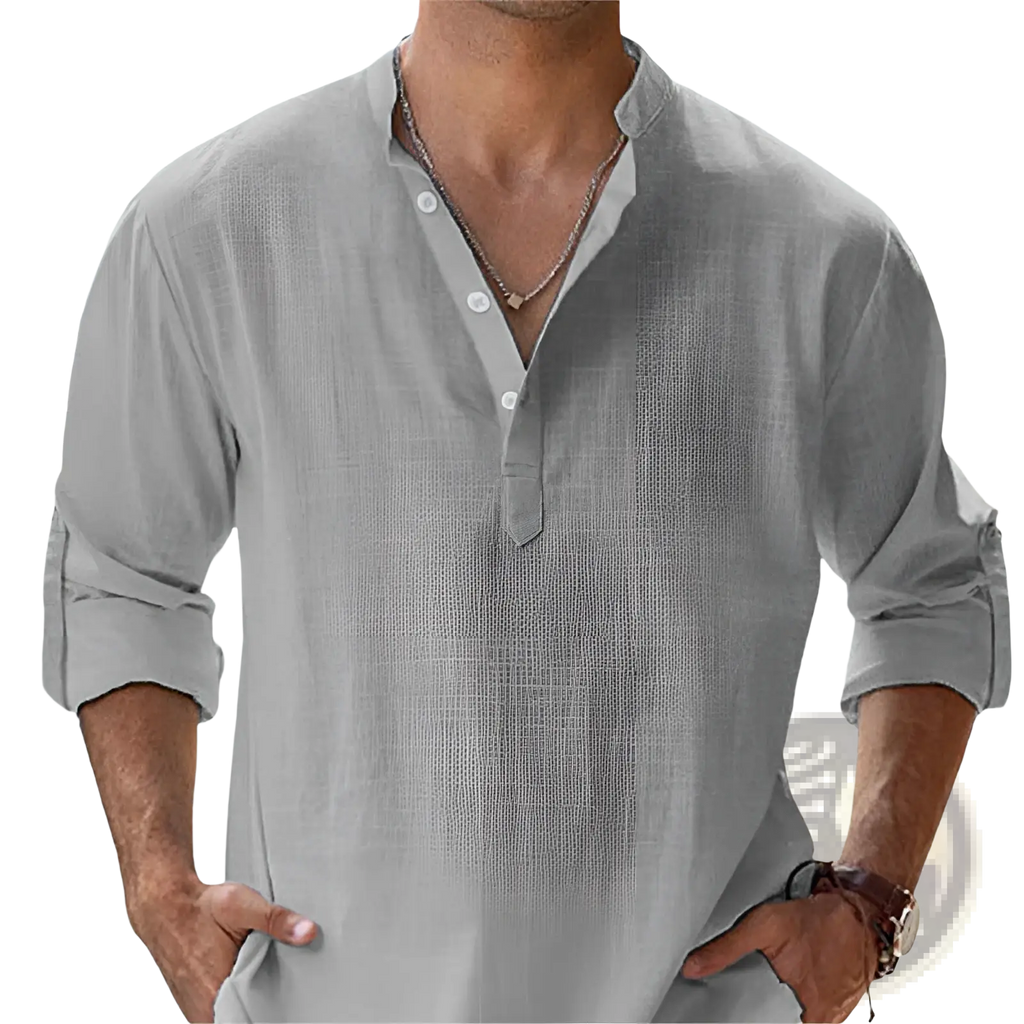 Men’s casual light gray linen long sleeve shirt with button-up front rolled cuffs and relaxed fit