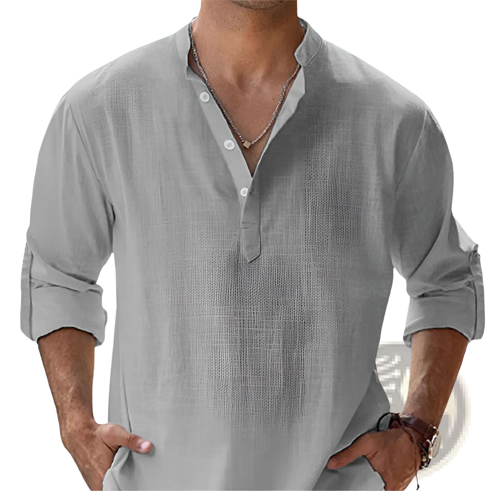 Men’s casual light gray linen long sleeve shirt with button-up front rolled cuffs and relaxed fit