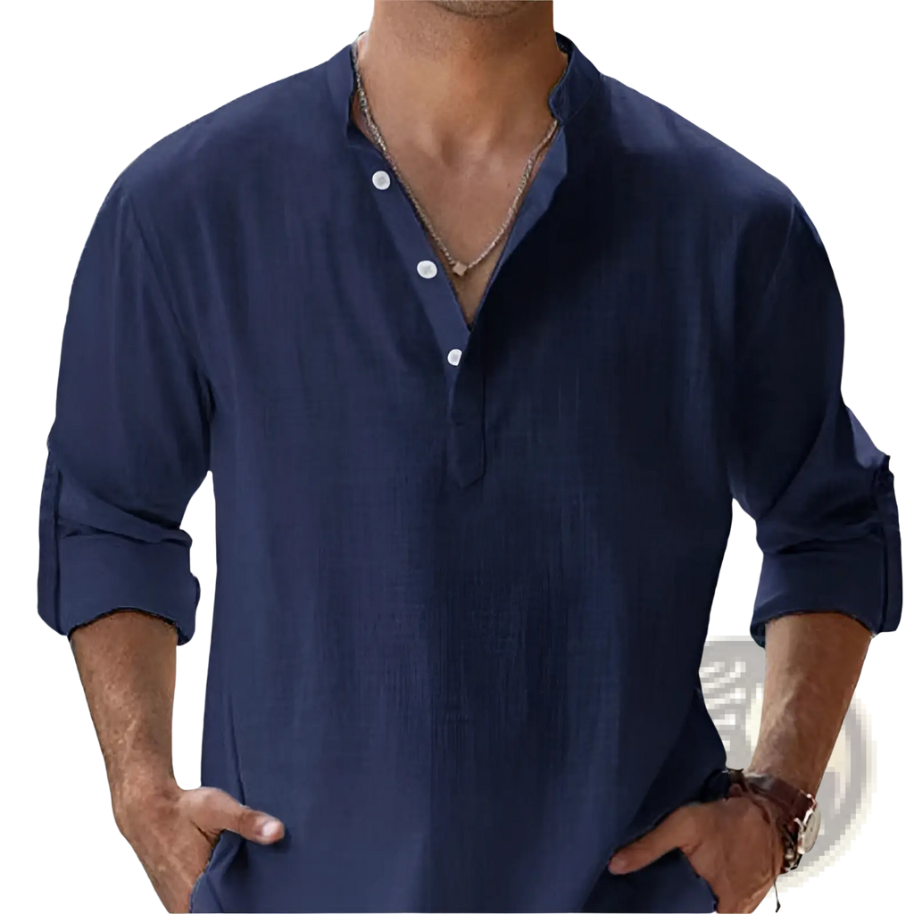 Navy blue men’s casual linen long sleeve shirt with button-up front collar and rolled cuffs