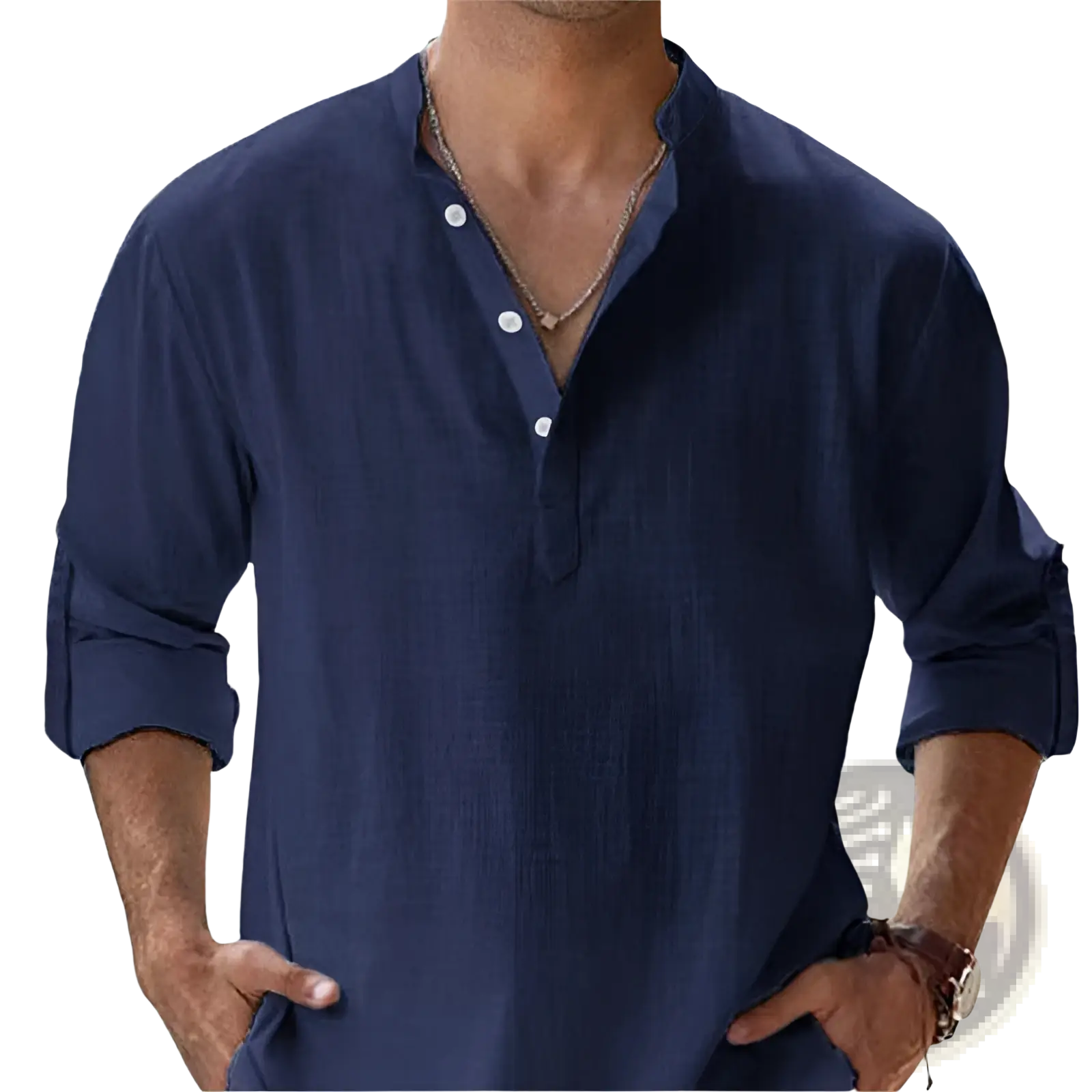 Navy blue men’s casual linen long sleeve shirt with button-up front collar and rolled cuffs