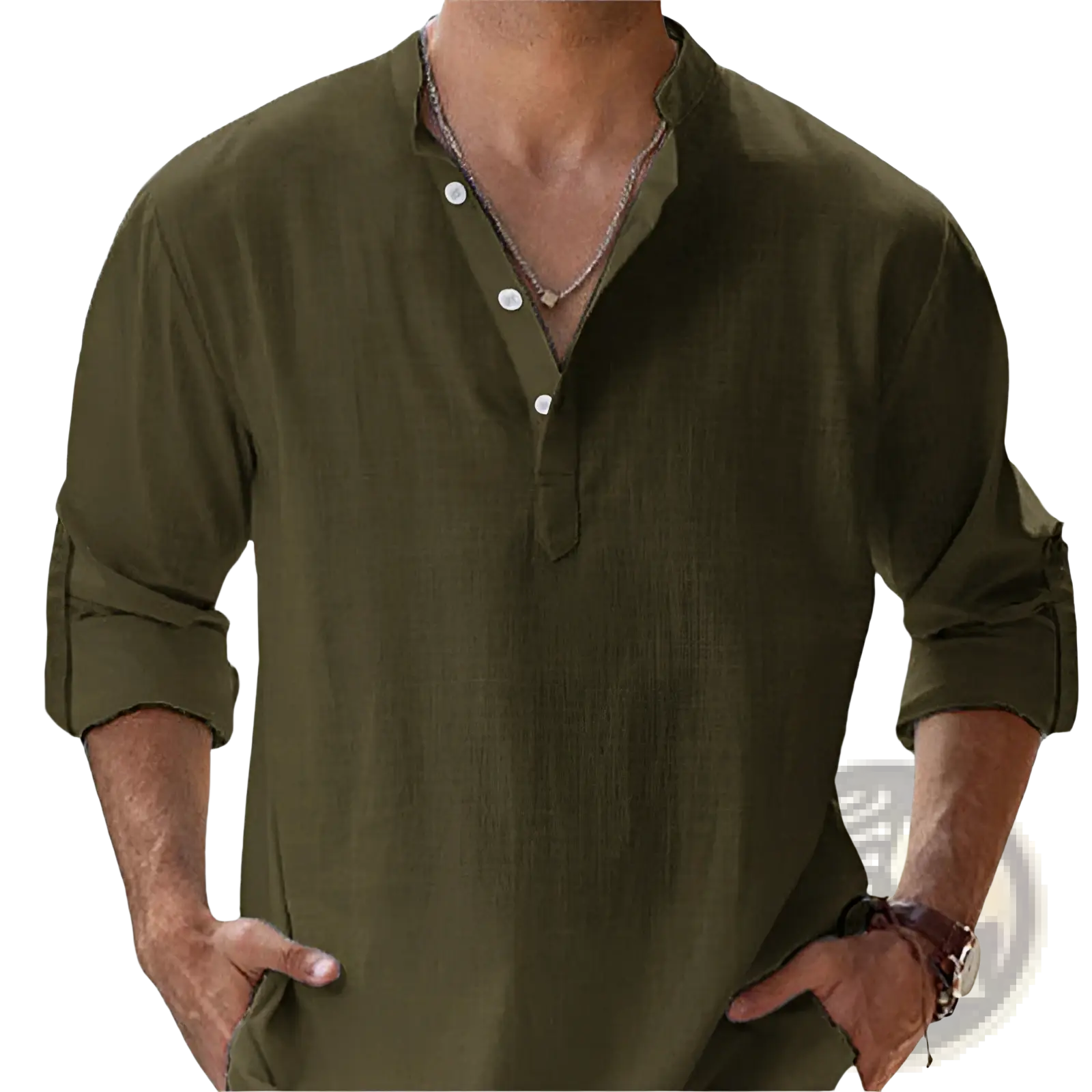 Men’s casual linen long sleeve shirt in olive green with rolled cuffs and a relaxed fit