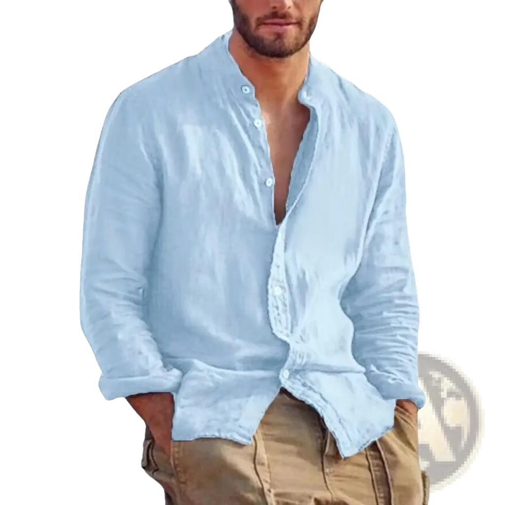 Mens casual linen long sleeve shirt in light blue with button-down front and rolled cuffs for a polished look
