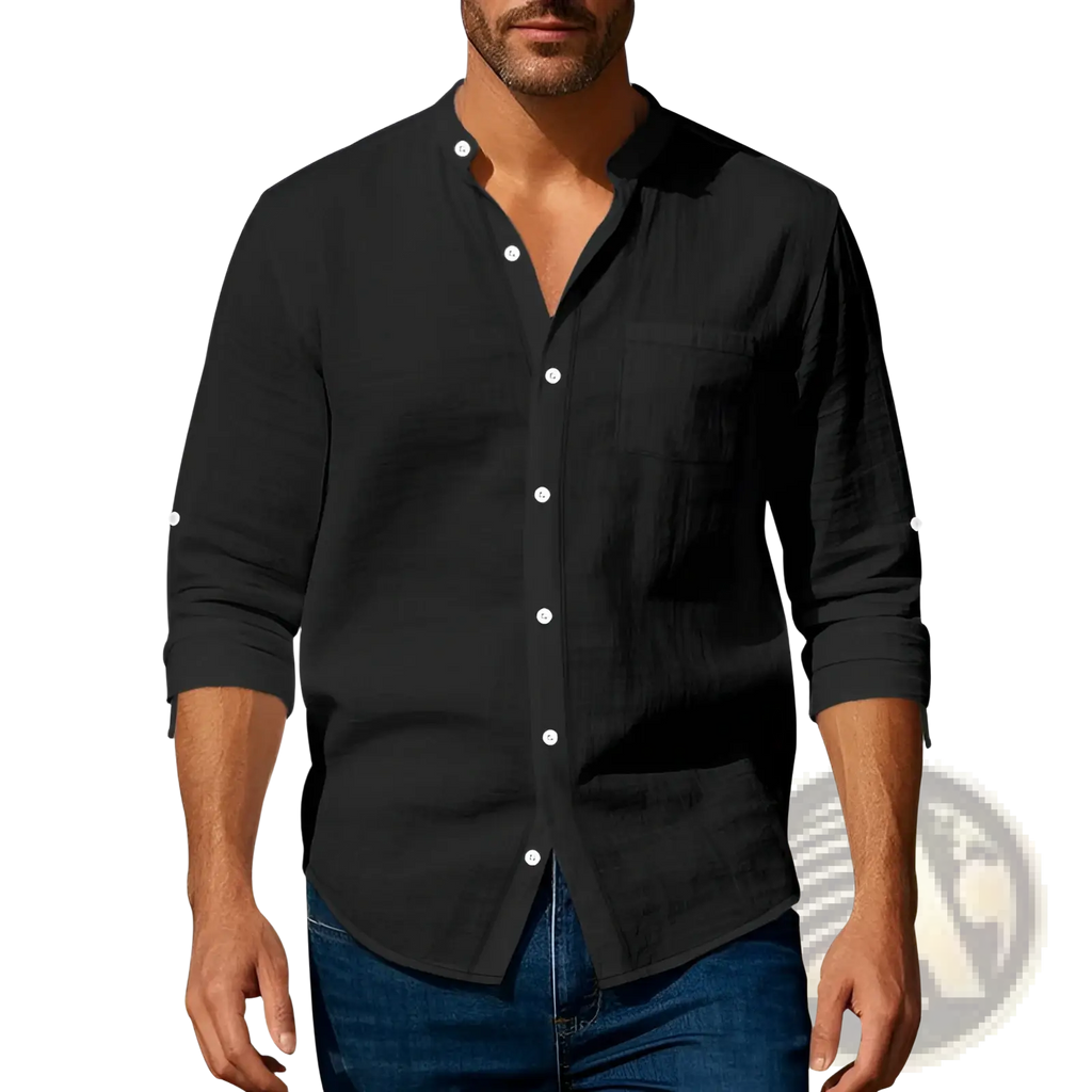 Men’s casual black linen long sleeve button-up shirt with white buttons and rolled cuffs for a stylish look