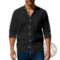 Men’s casual black linen long sleeve button-up shirt with white buttons and rolled cuffs for a stylish look