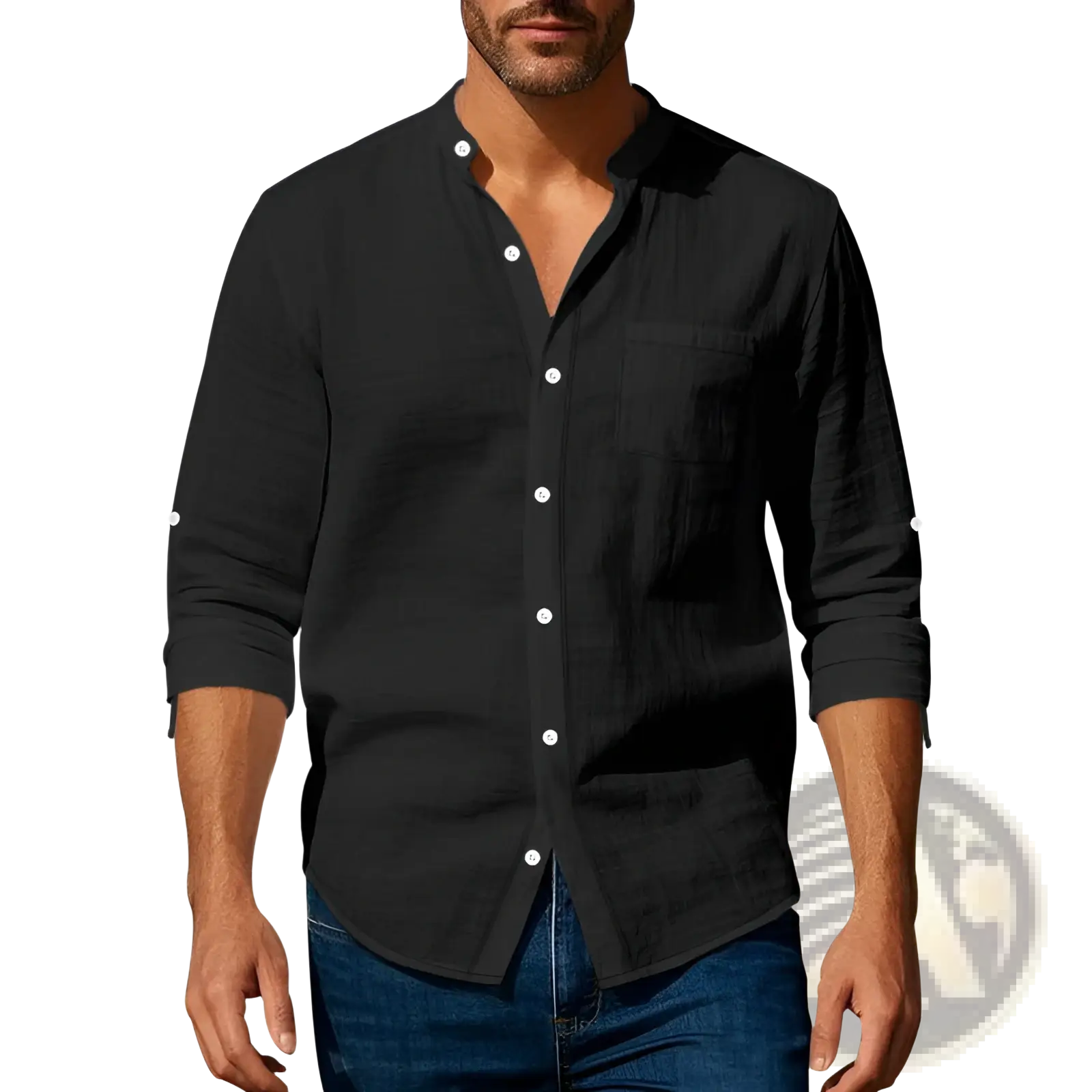 Men’s casual black linen long sleeve button-up shirt with white buttons and rolled cuffs for a stylish look