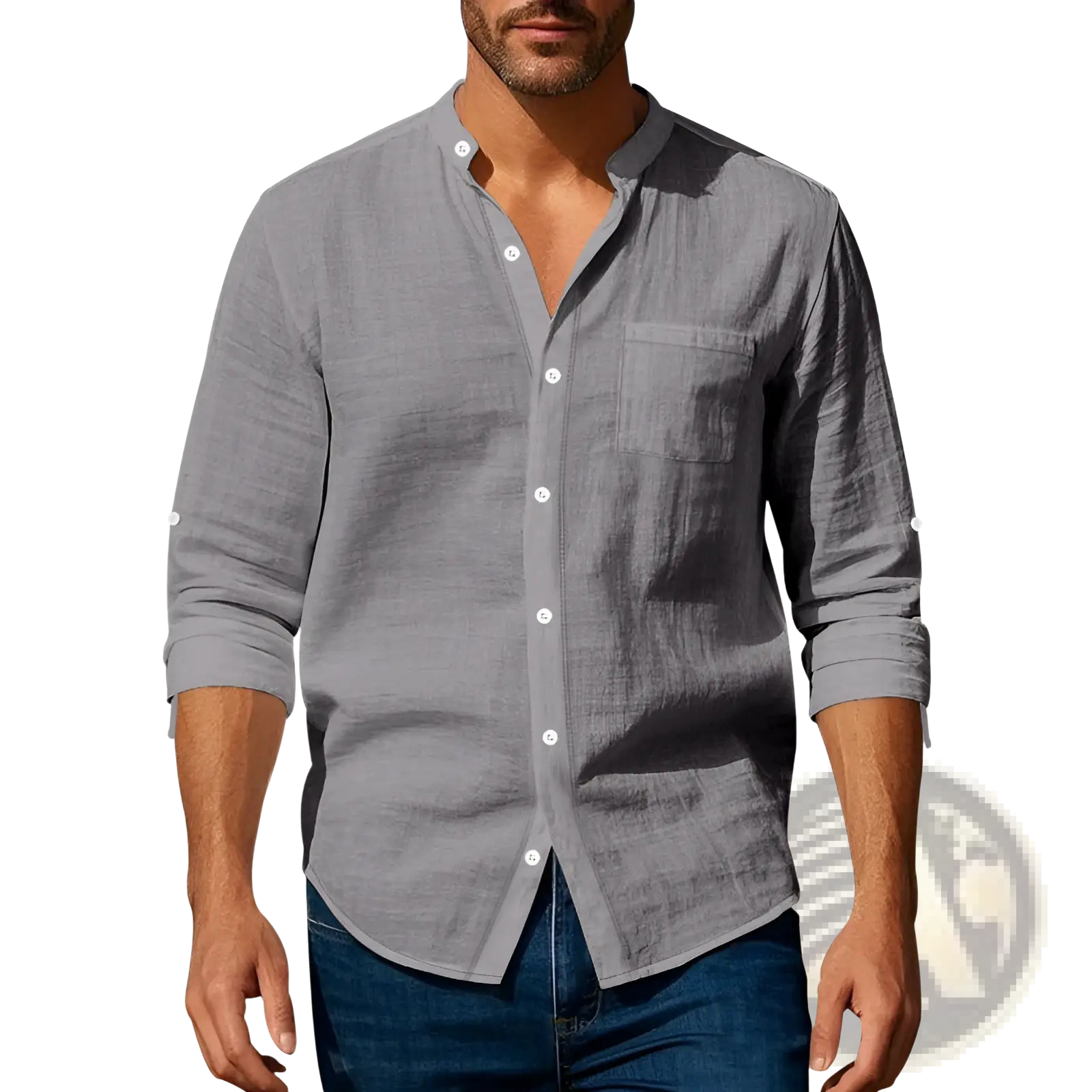 Men’s casual gray linen button-down shirt with white buttons and chest pocket for comfortable everyday wear