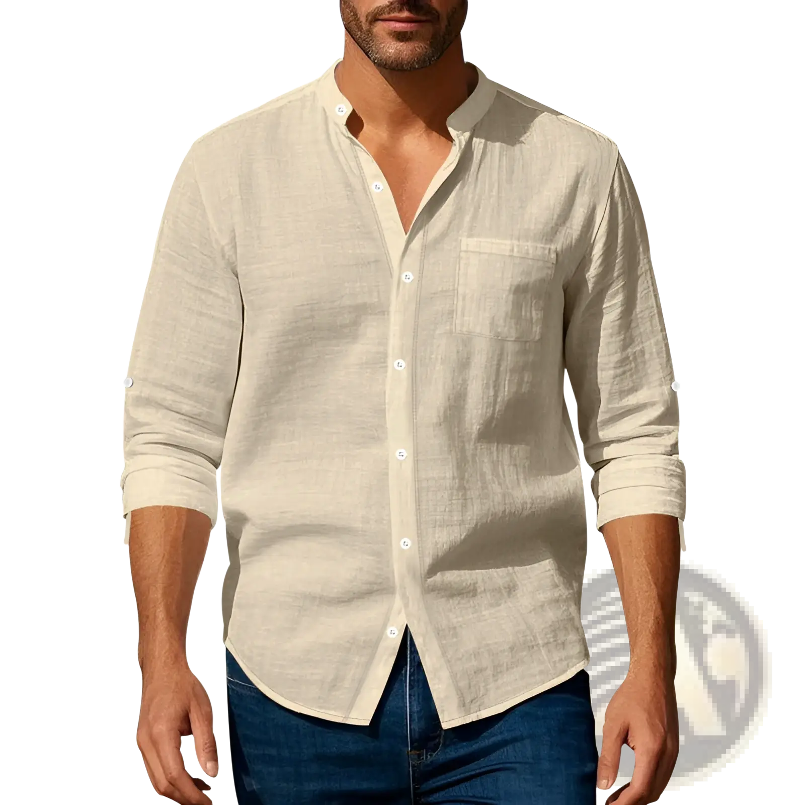 Men’s casual beige linen long sleeve shirt with button-down front chest pocket and rolled sleeves