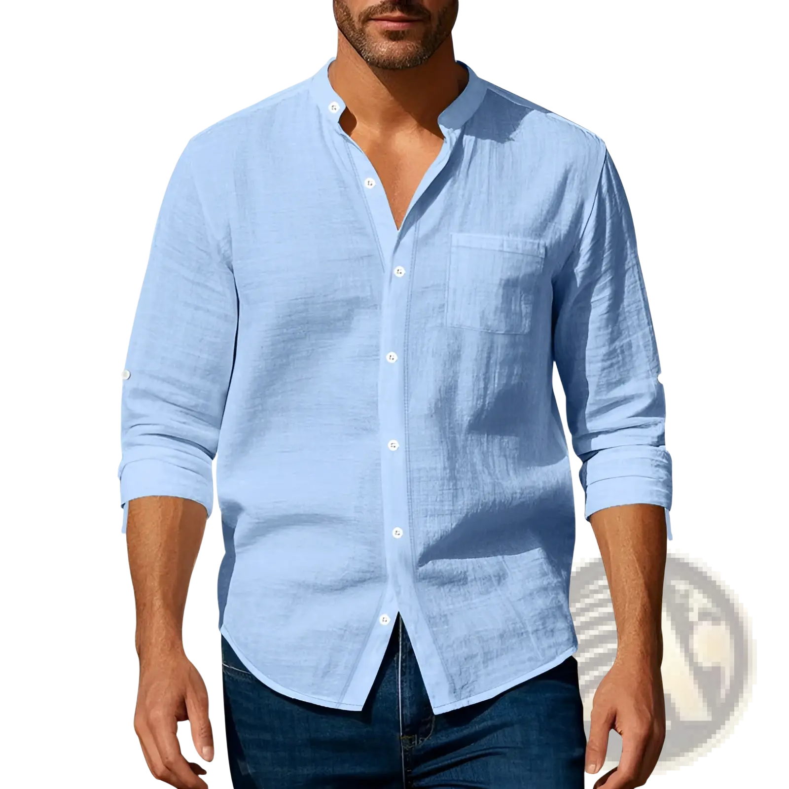 Men’s casual light blue linen long sleeve shirt with stand collar and subtle textured weave with rolled cuffs