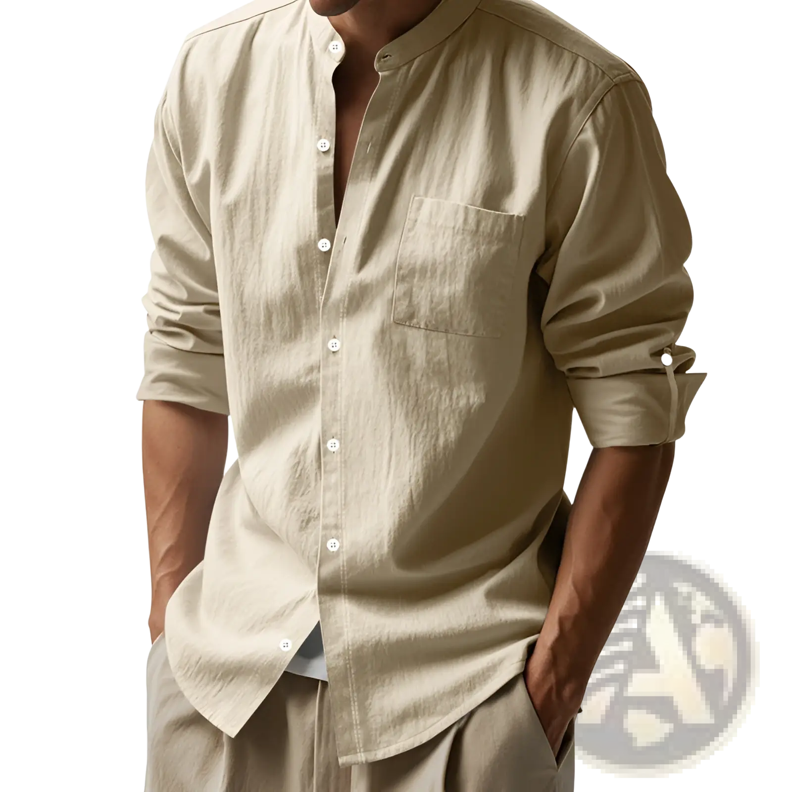 Beige men’s casual linen button-down shirt with rolled-up sleeves and chest pocket for comfortable wear