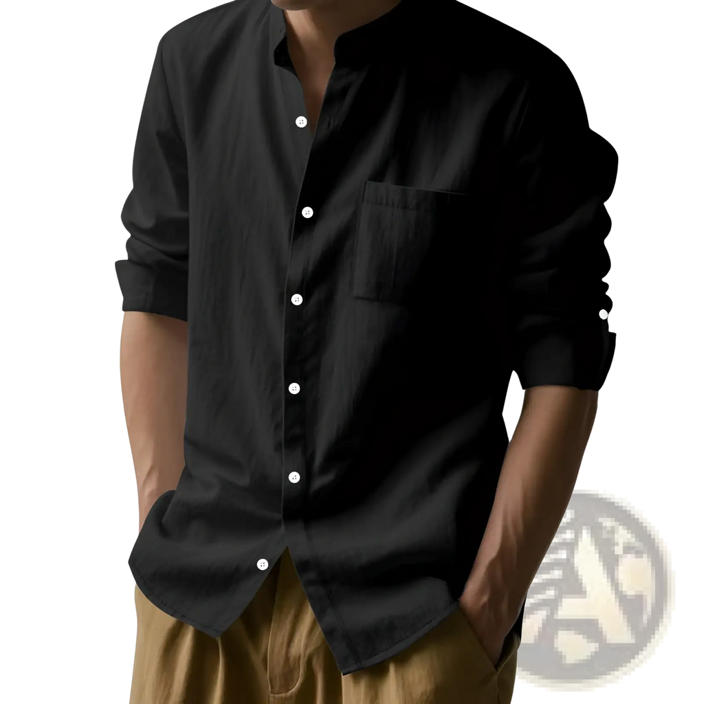 Mens casual linen long sleeve shirt in black with button-down front rolled-up sleeves and chest pocket