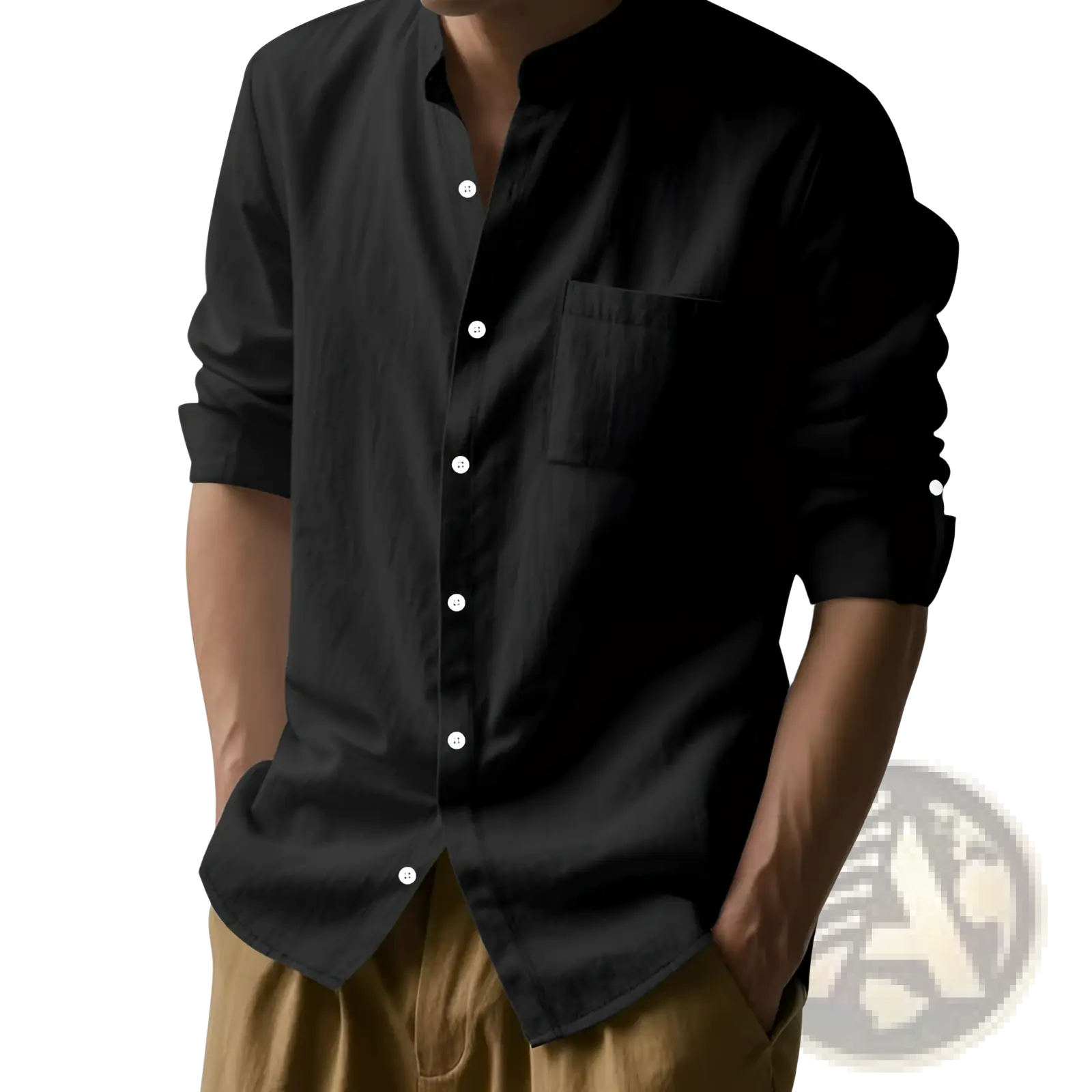 Mens casual linen long sleeve shirt in black with button-down front rolled-up sleeves and chest pocket