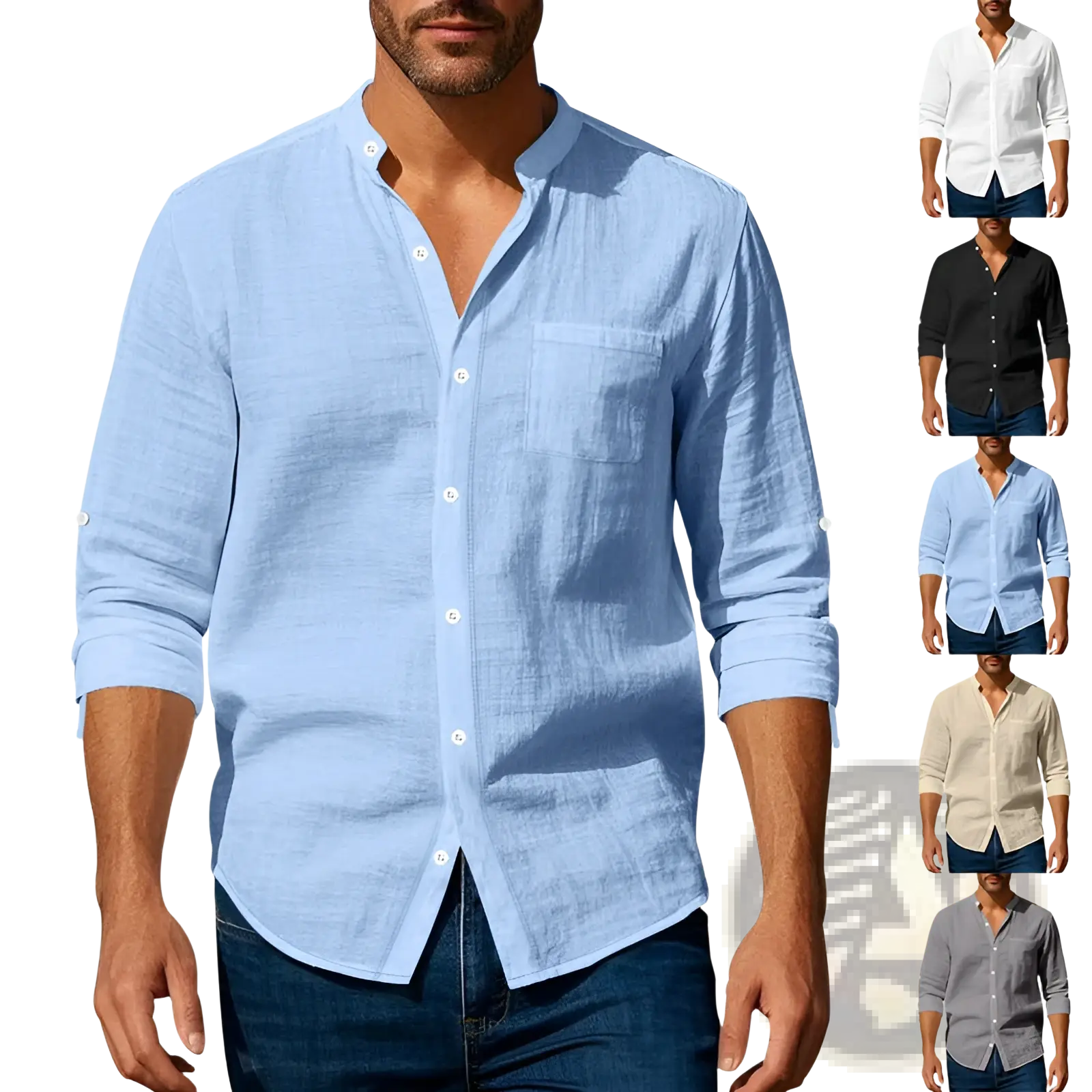 Light blue men’s casual linen long sleeve shirt with subtle texture and rolled-up sleeves for a relaxed look
