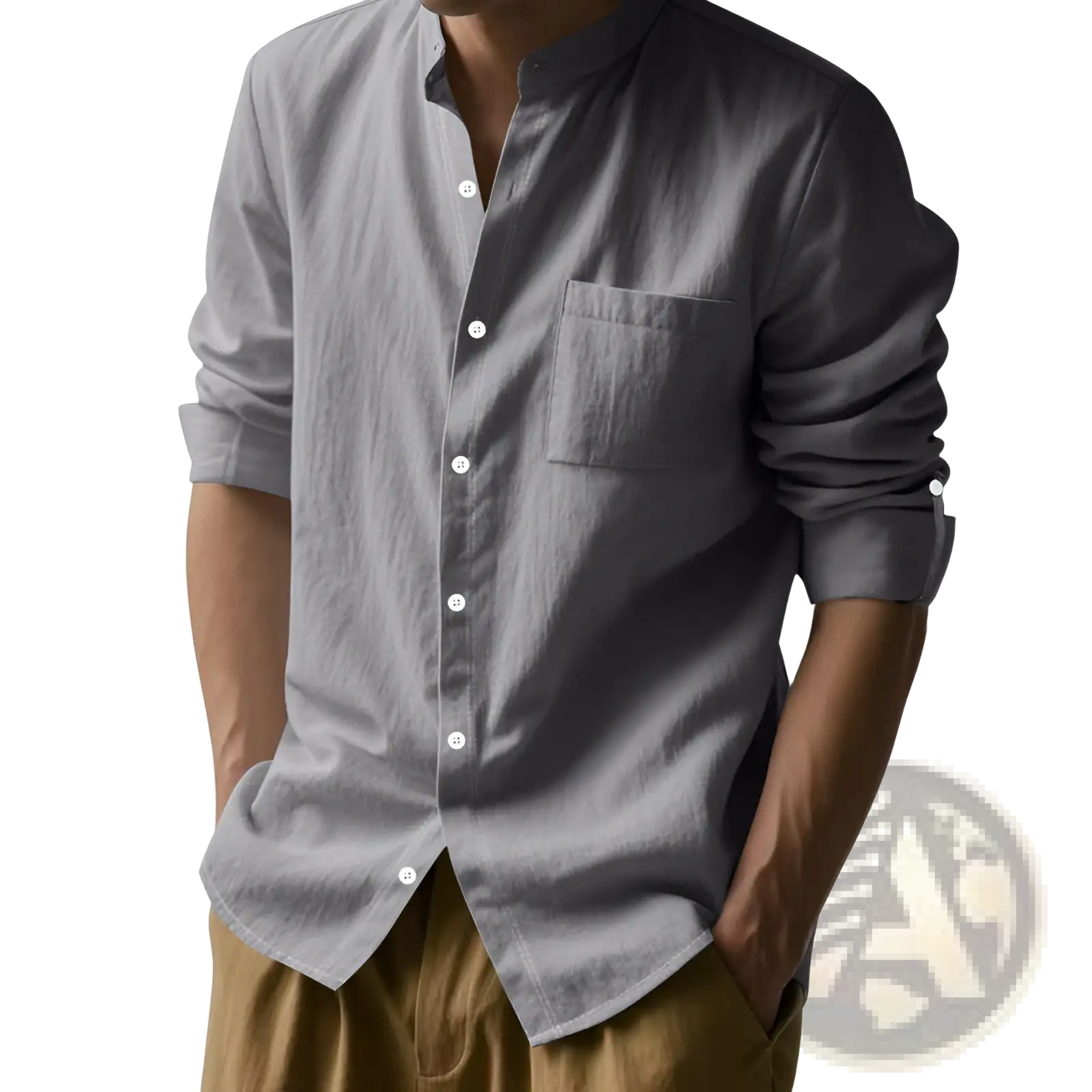 Men’s casual gray linen button-down shirt with chest pocket and rolled-up sleeves for a relaxed look