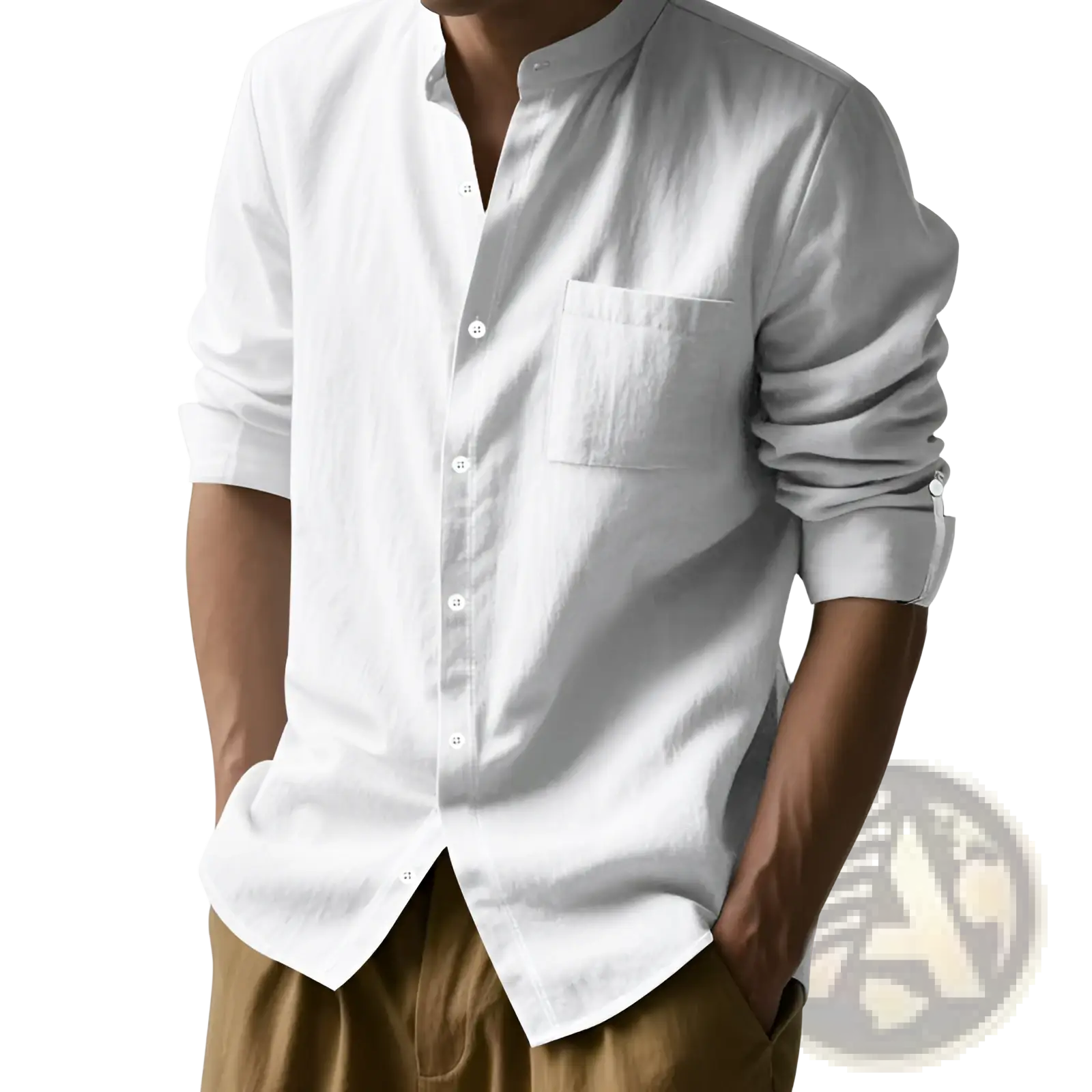 Men’s casual white linen button-down shirt with rolled-up sleeves and chest pocket for a relaxed look