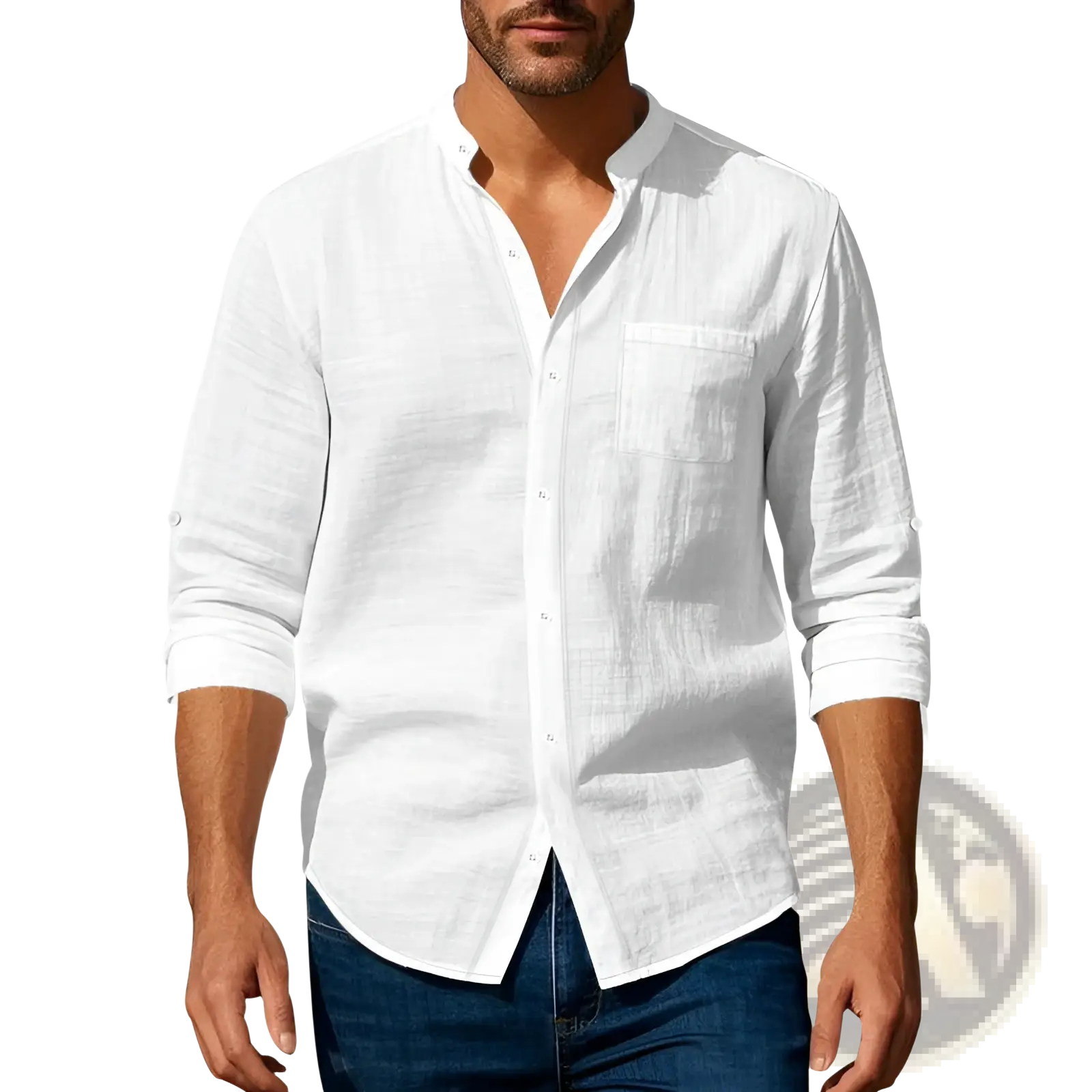 Men’s casual white linen button-down shirt with rolled-up sleeves and chest pocket for a relaxed look
