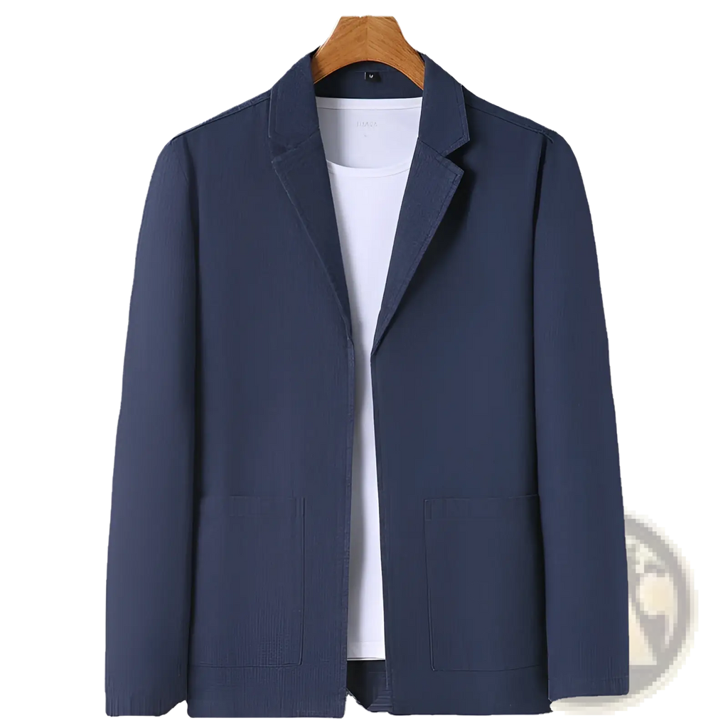Men’s casual linen suit jacket in navy blue with a sleek modern design and two front pockets