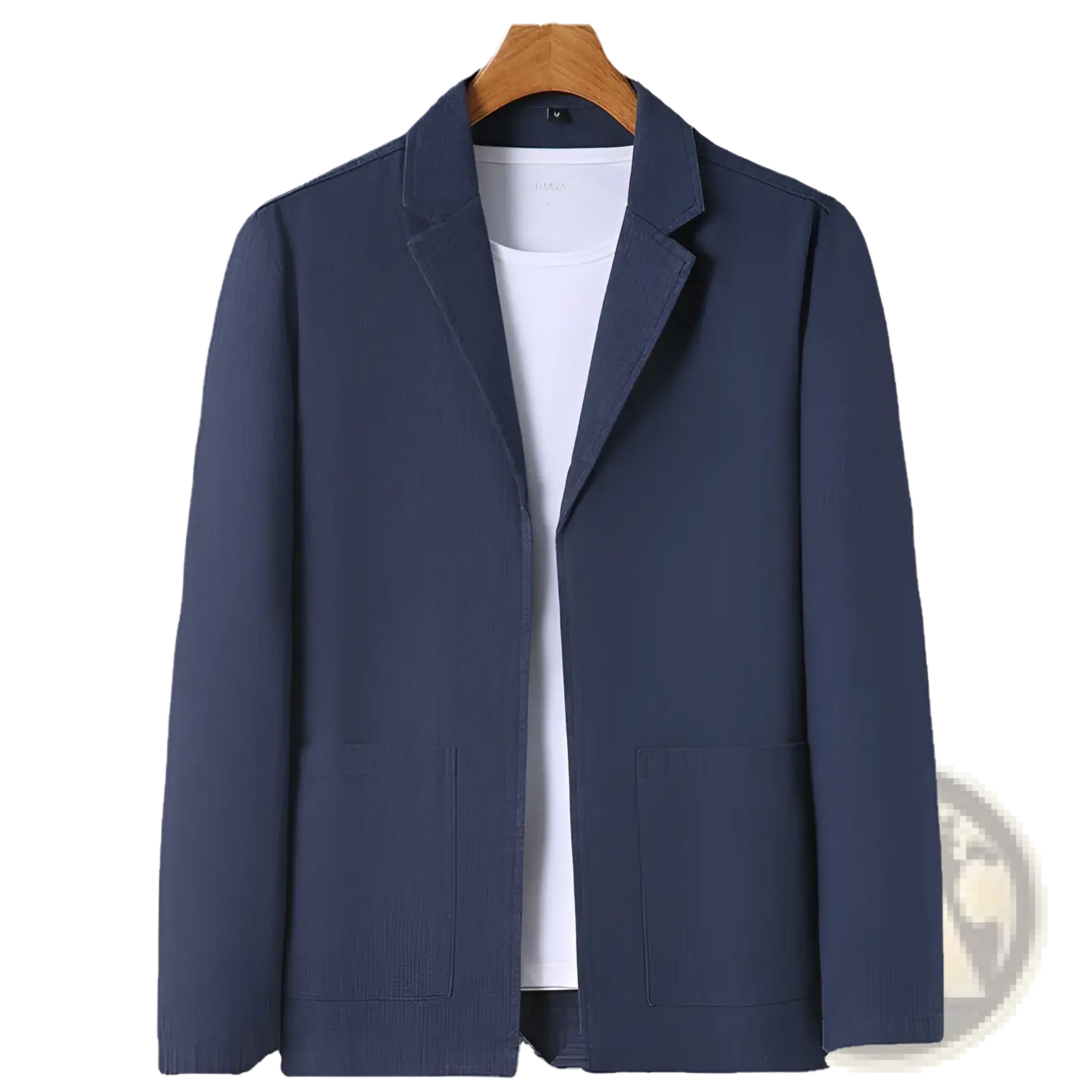 Men’s casual linen suit jacket in navy blue with a sleek modern design and two front pockets