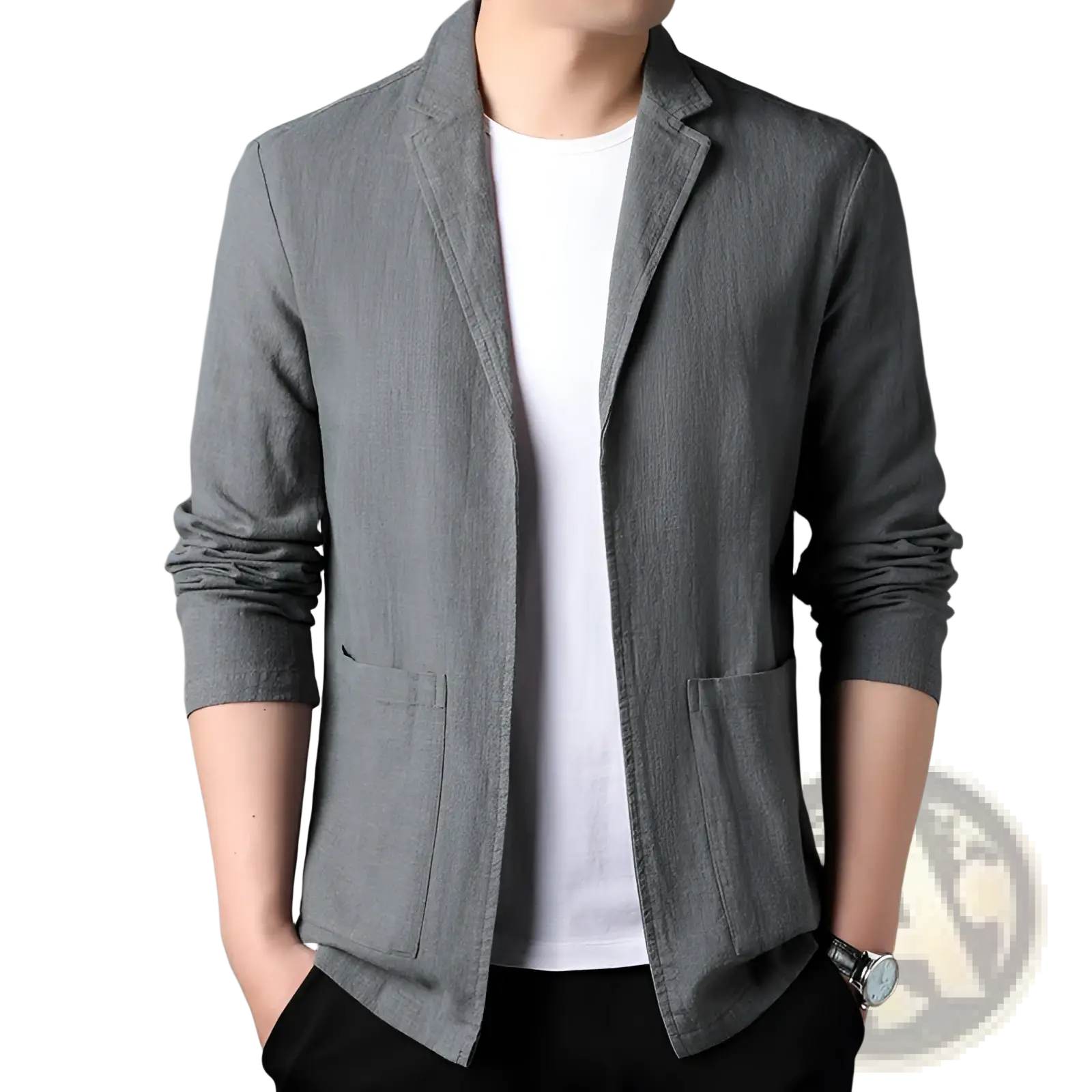 Men’s casual gray linen suit jacket with a relaxed fit and two front pockets for comfortable everyday wear