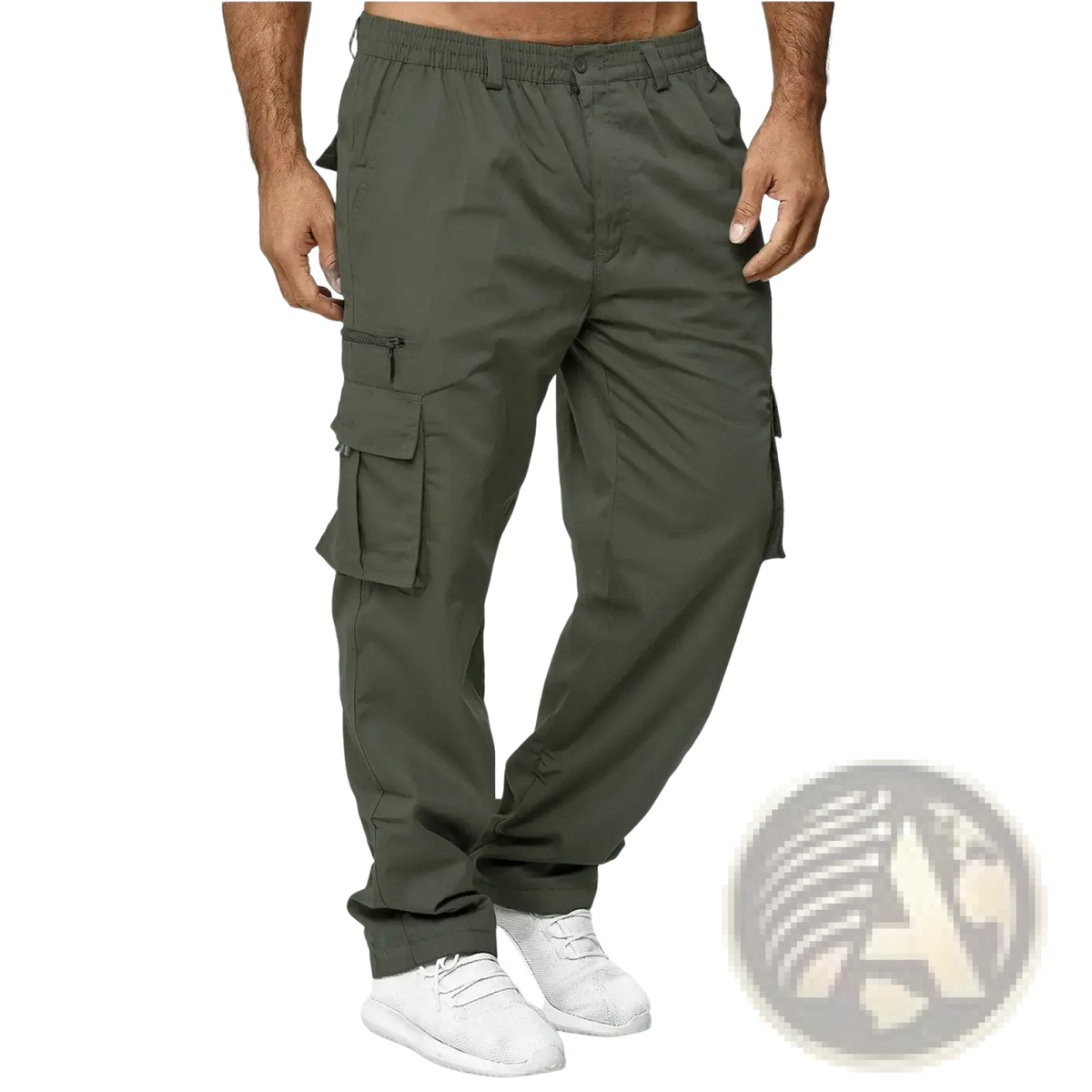Mens casual loose olive green cargo pants with multiple pockets and an elastic waistband for comfort