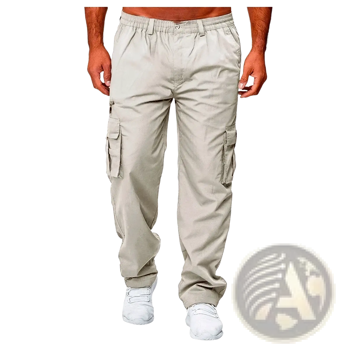 Beige mens casual loose cargo pants with multiple side pockets and an elastic waistband for comfortable wear