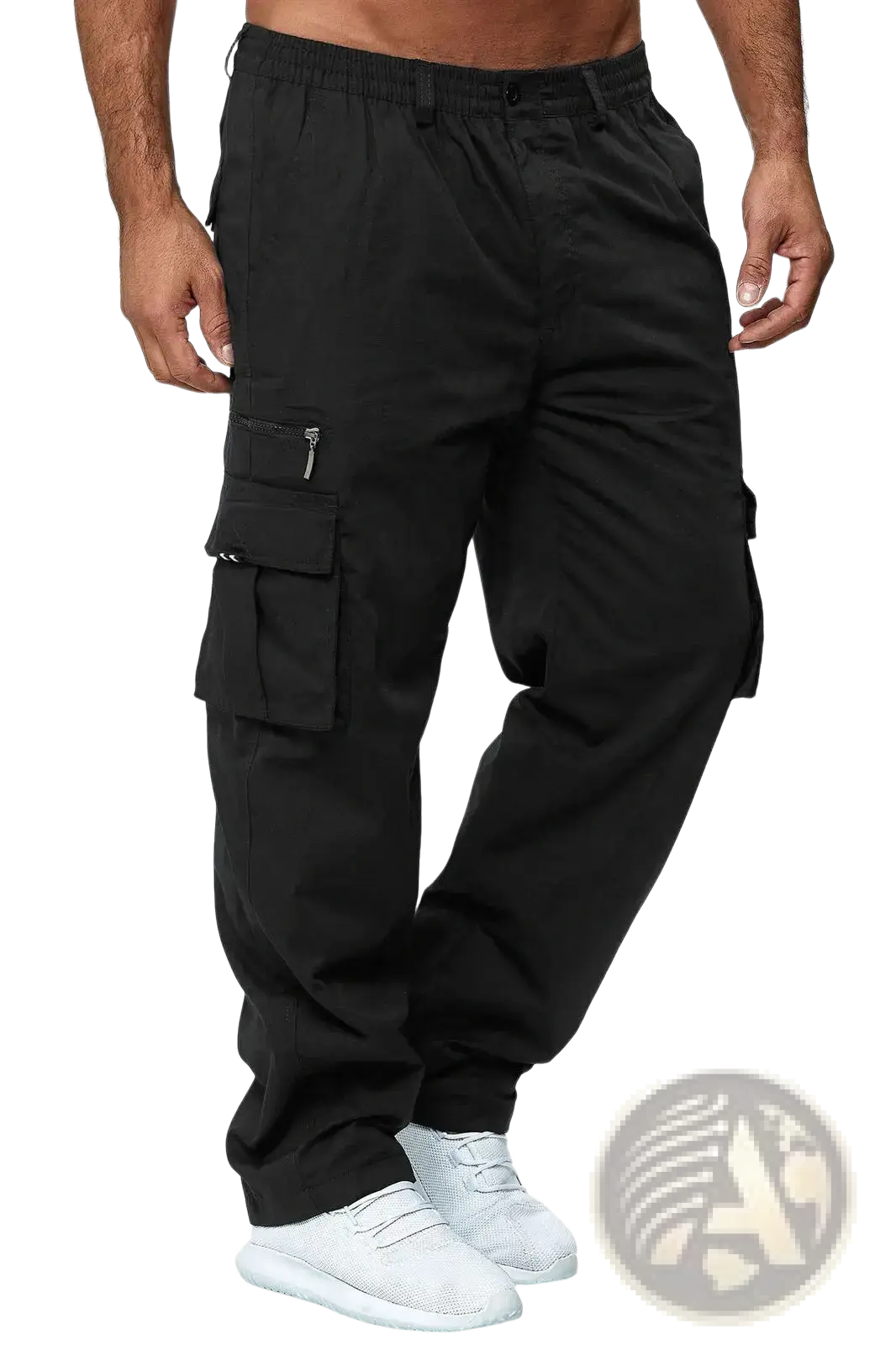 Mens casual loose black cargo pants with multiple pockets and a drawstring waistband for comfortable wear