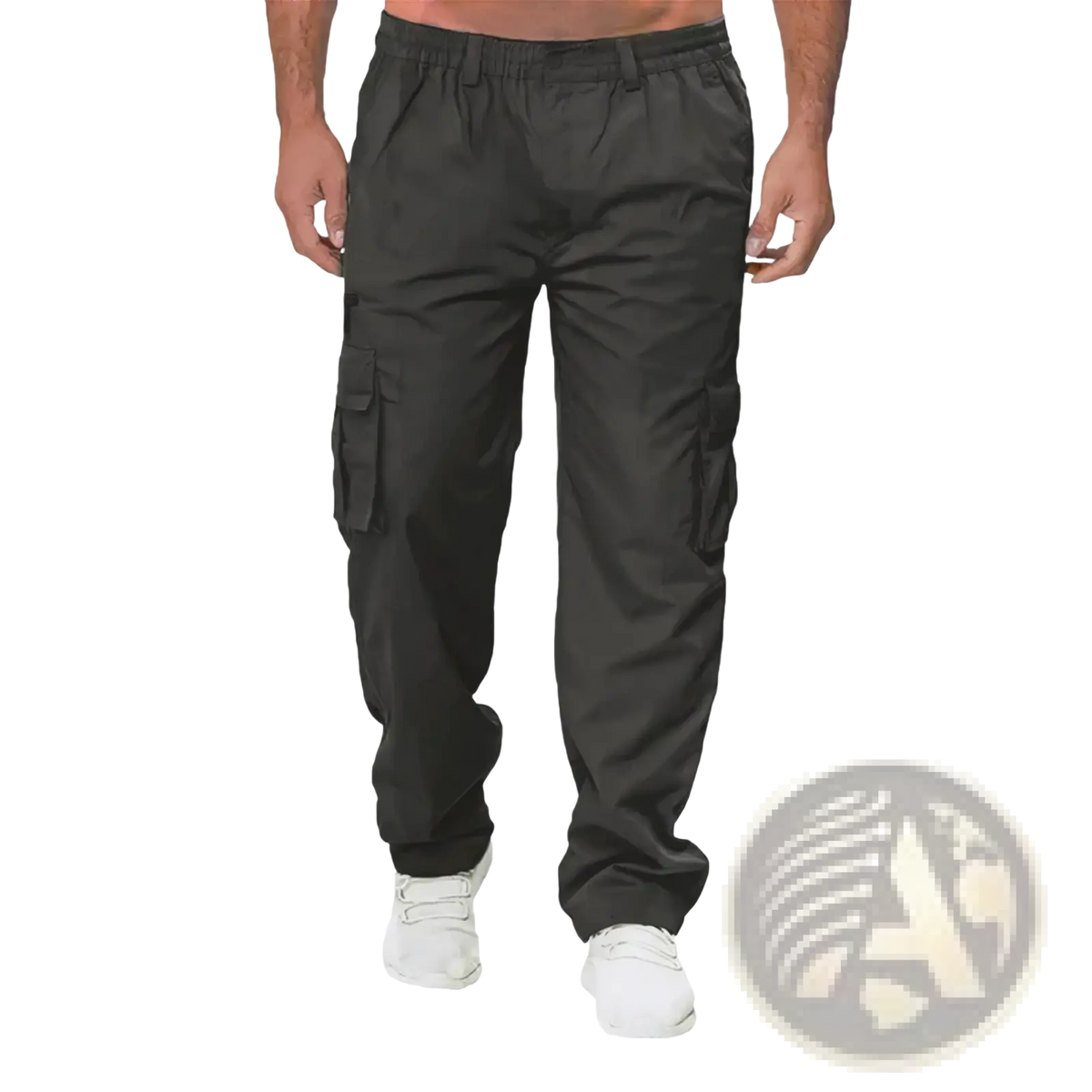 Mens casual loose black cargo pants with multiple side pockets and elastic waistband for comfortable wear