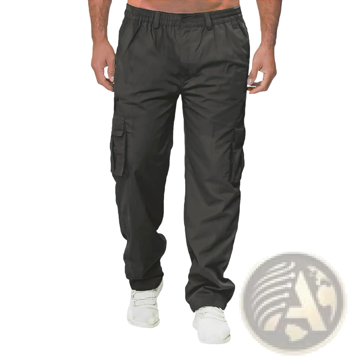 Mens casual loose black cargo pants with multiple side pockets and an elastic waistband for comfortable wear