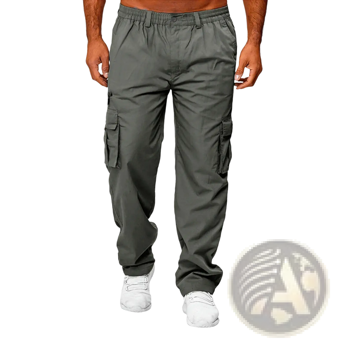 Mens casual loose cargo pants in dark gray featuring multiple side pockets and an elastic waistband